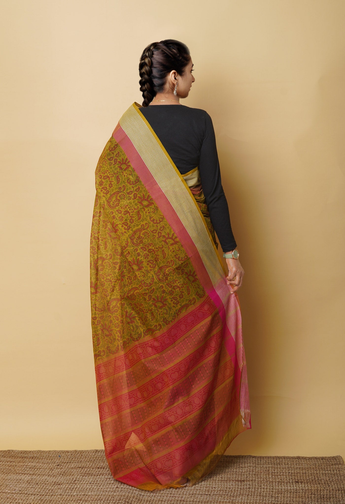 Mehind Green Pure Block Printed Mangalgiri Cotton Saree