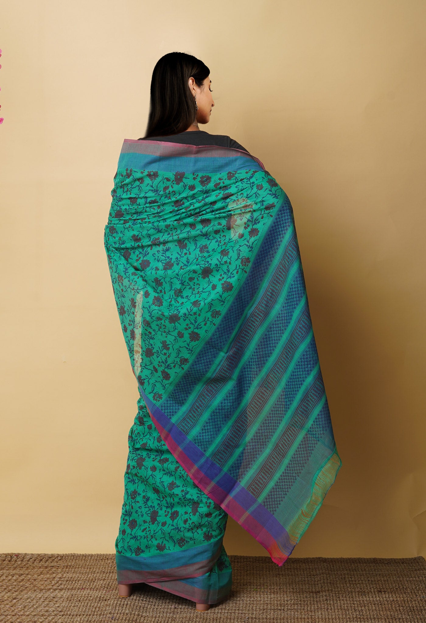 Green Pure Block Printed Mangalgiri Cotton Saree