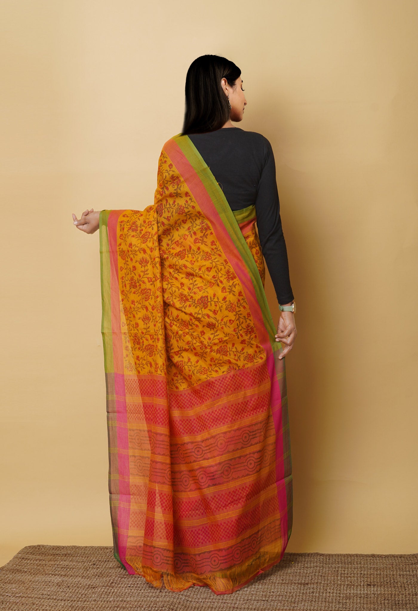 Yellow Pure Block Printed Mangalgiri Cotton Saree