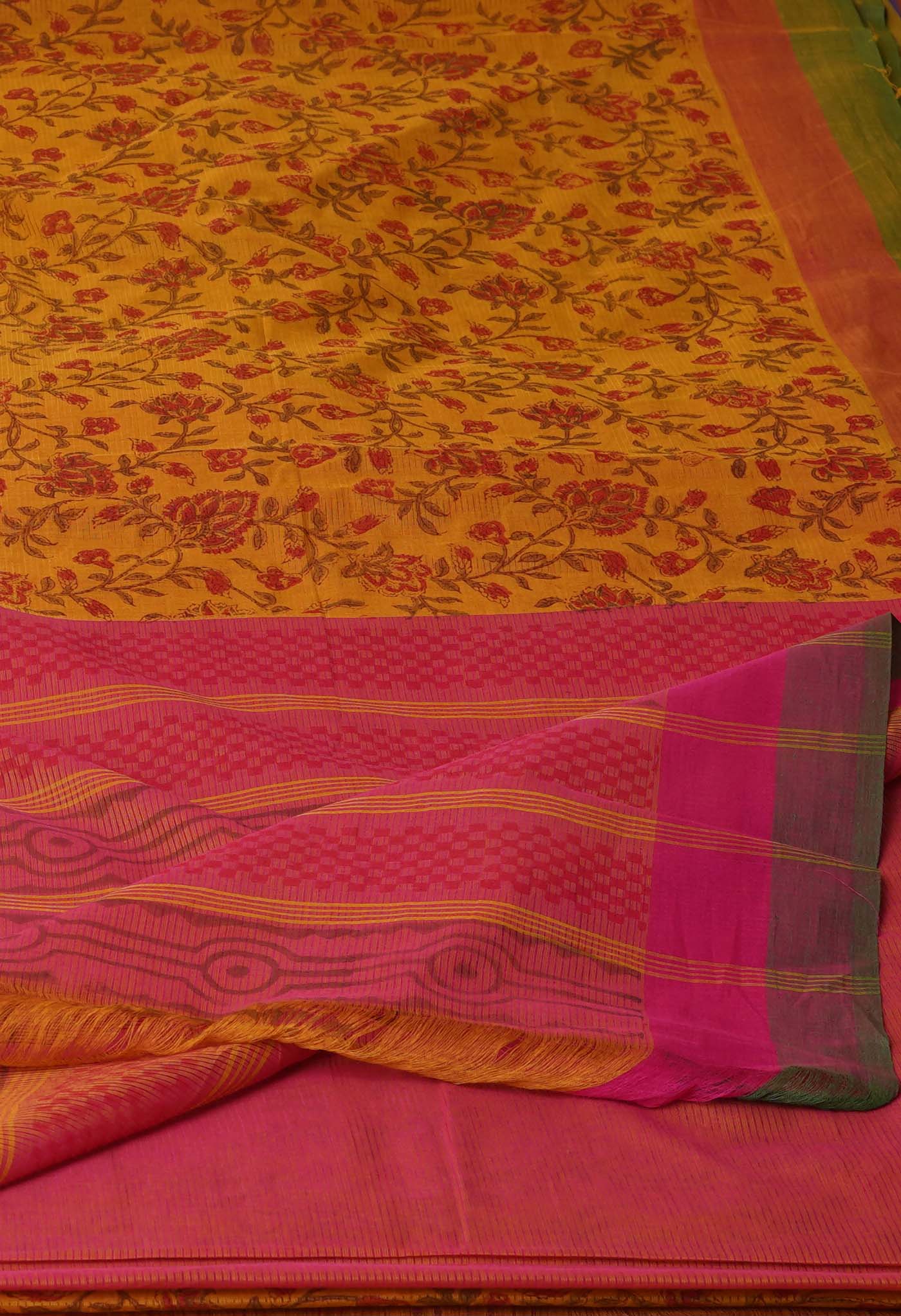 Yellow Pure Block Printed Mangalgiri Cotton Saree