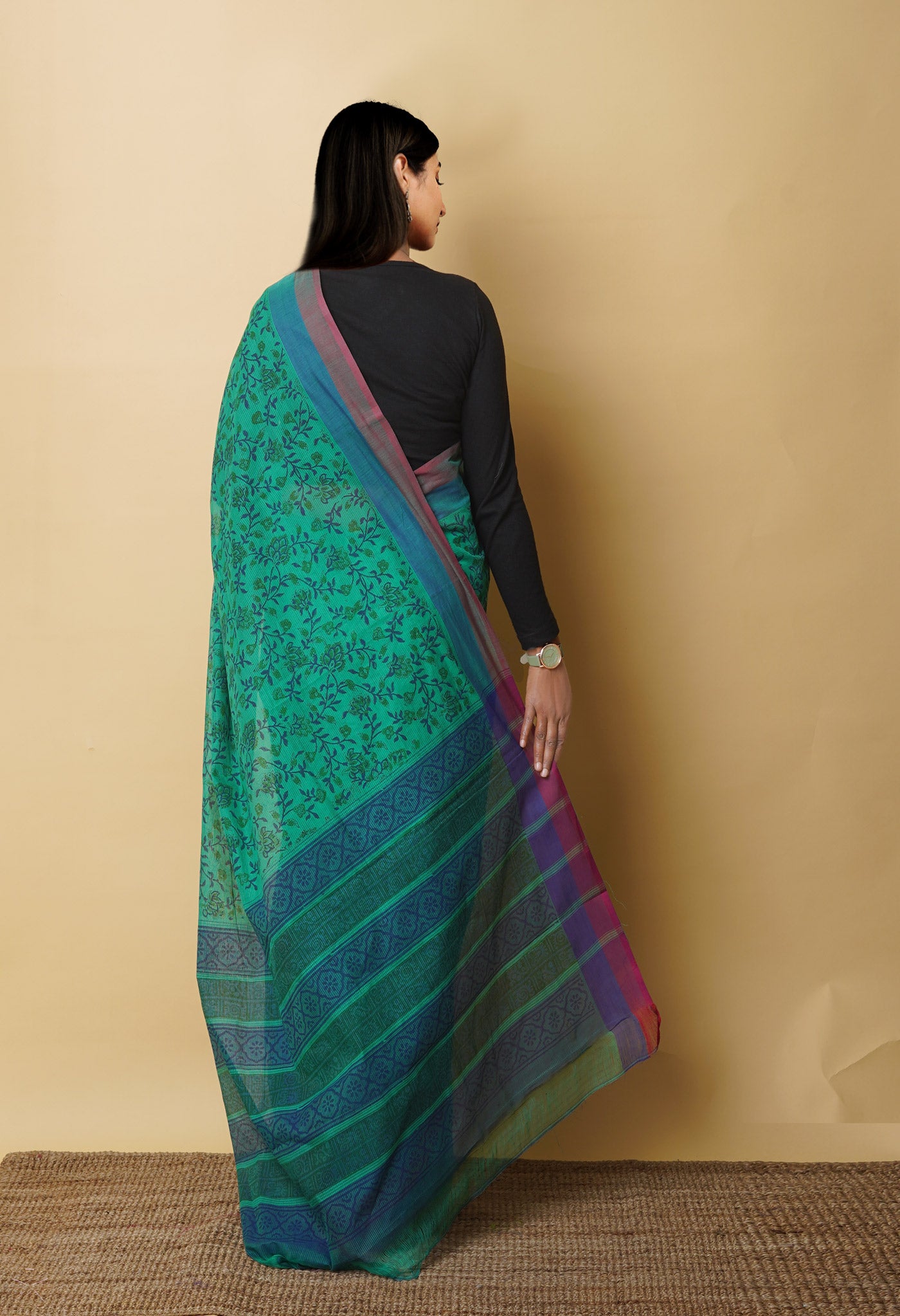 Green Pure Block Printed Mangalgiri Cotton Saree