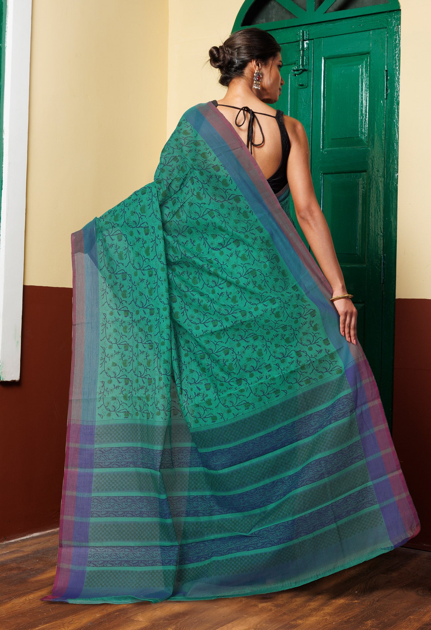 Green Pure Block Printed Mangalgiri Cotton Saree-UNM76970