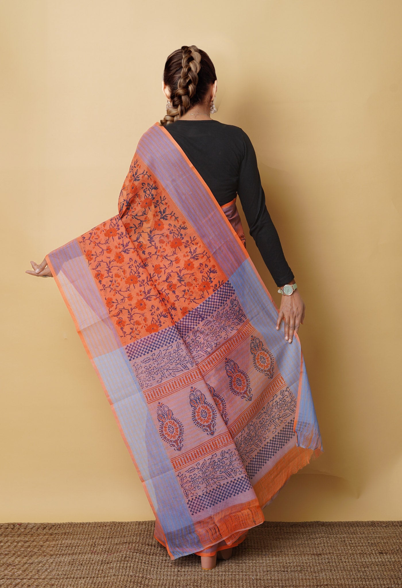 Orange Pure Block Printed Mangalgiri Cotton Saree