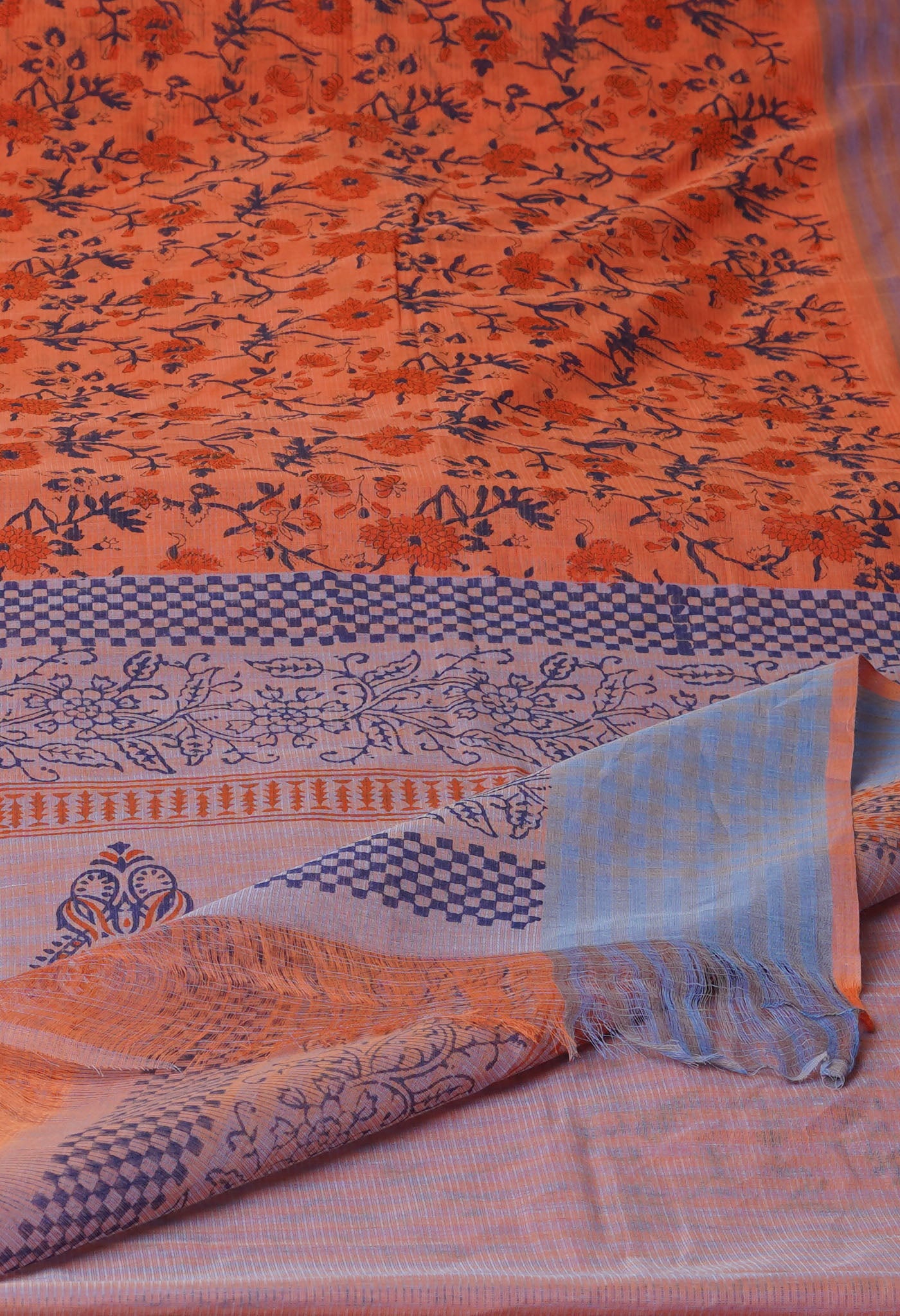 Orange Pure Block Printed Mangalgiri Cotton Saree