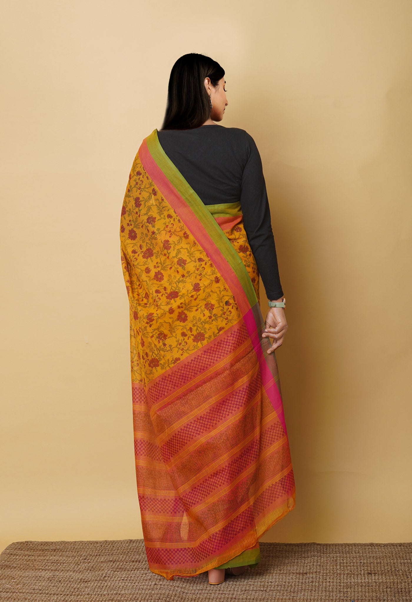 Yellow Pure Block Printed Mangalgiri Cotton Saree