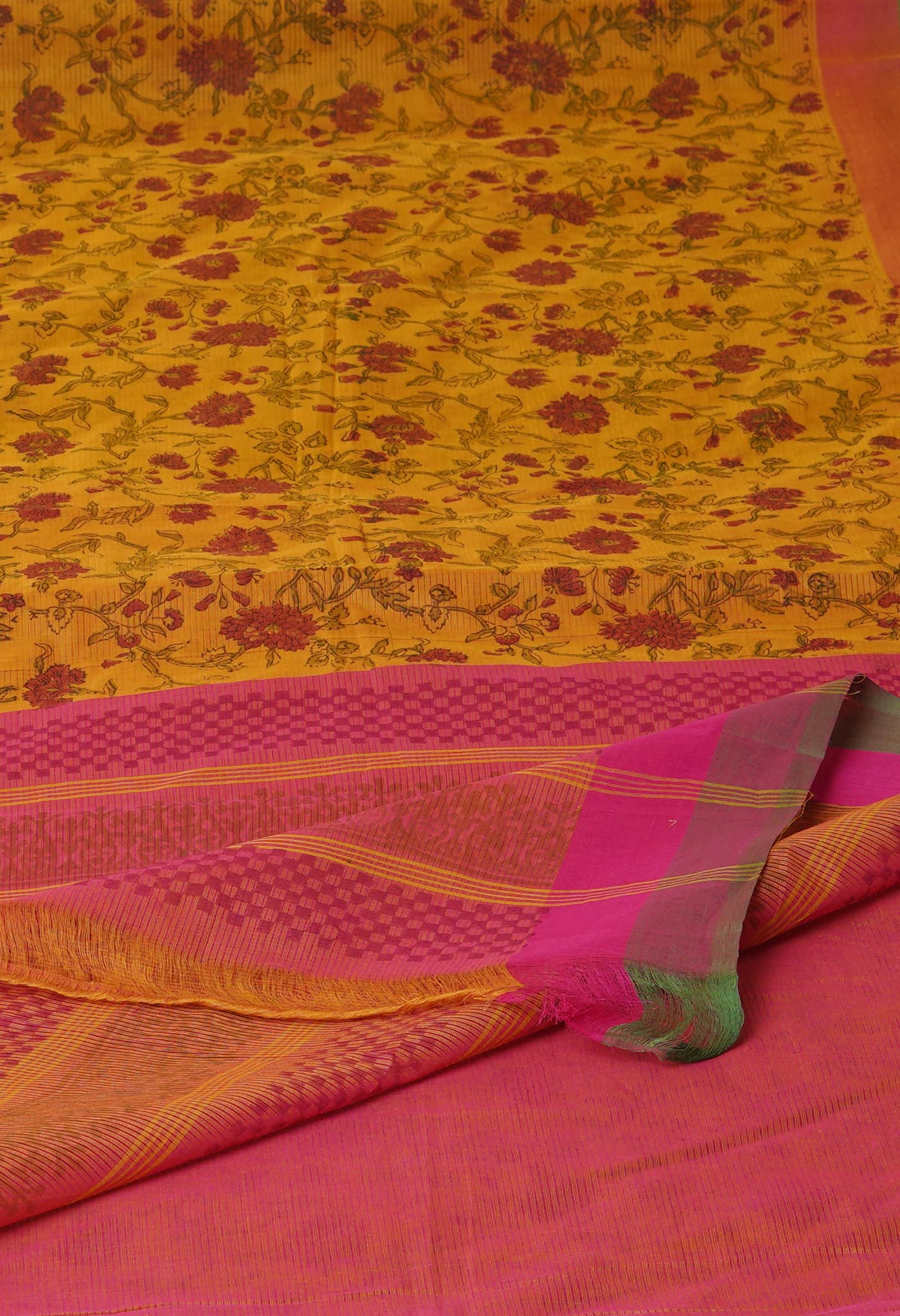 Yellow Pure Block Printed Mangalgiri Cotton Saree