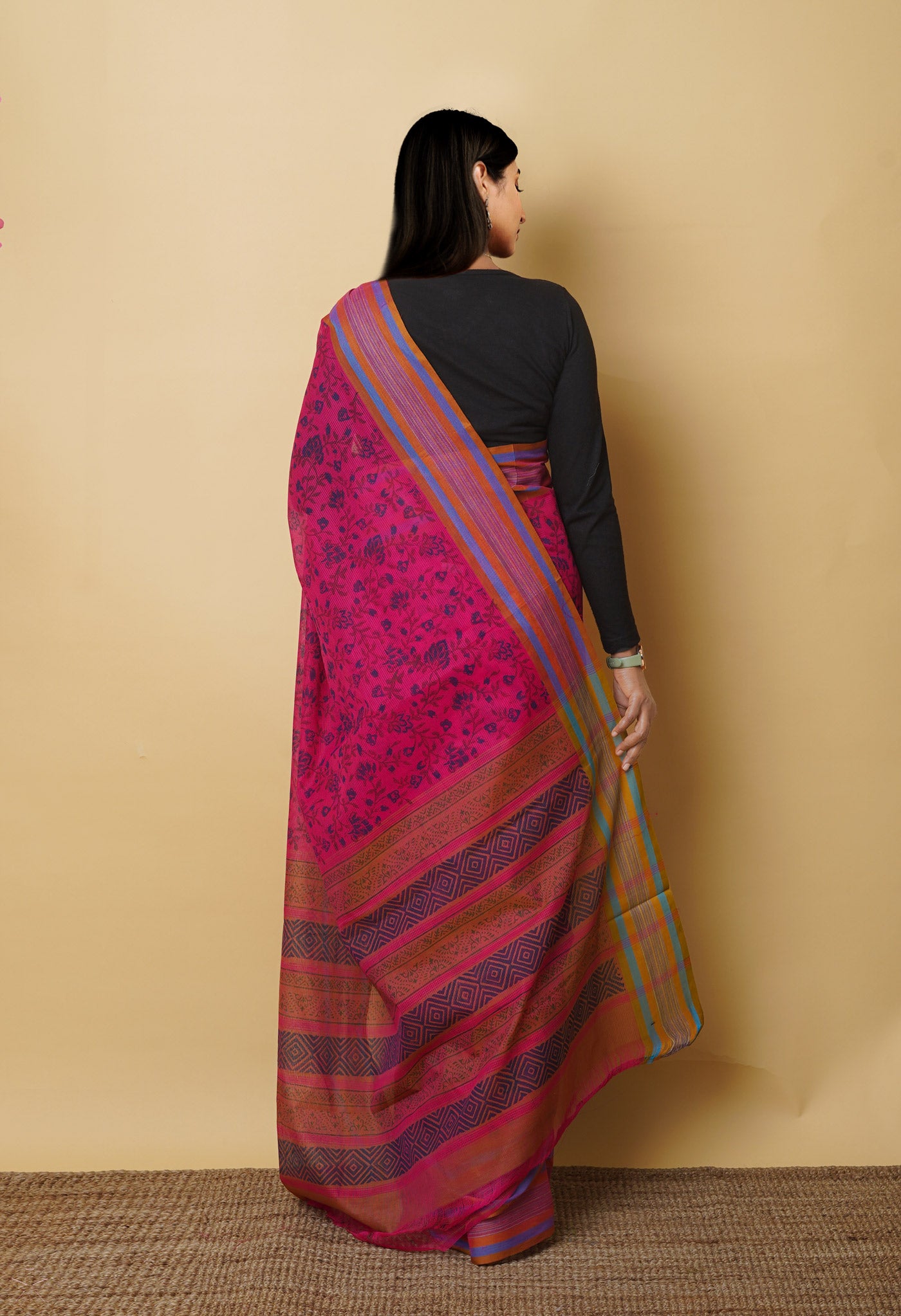 Pink Pure Block Printed Mangalgiri Cotton Saree