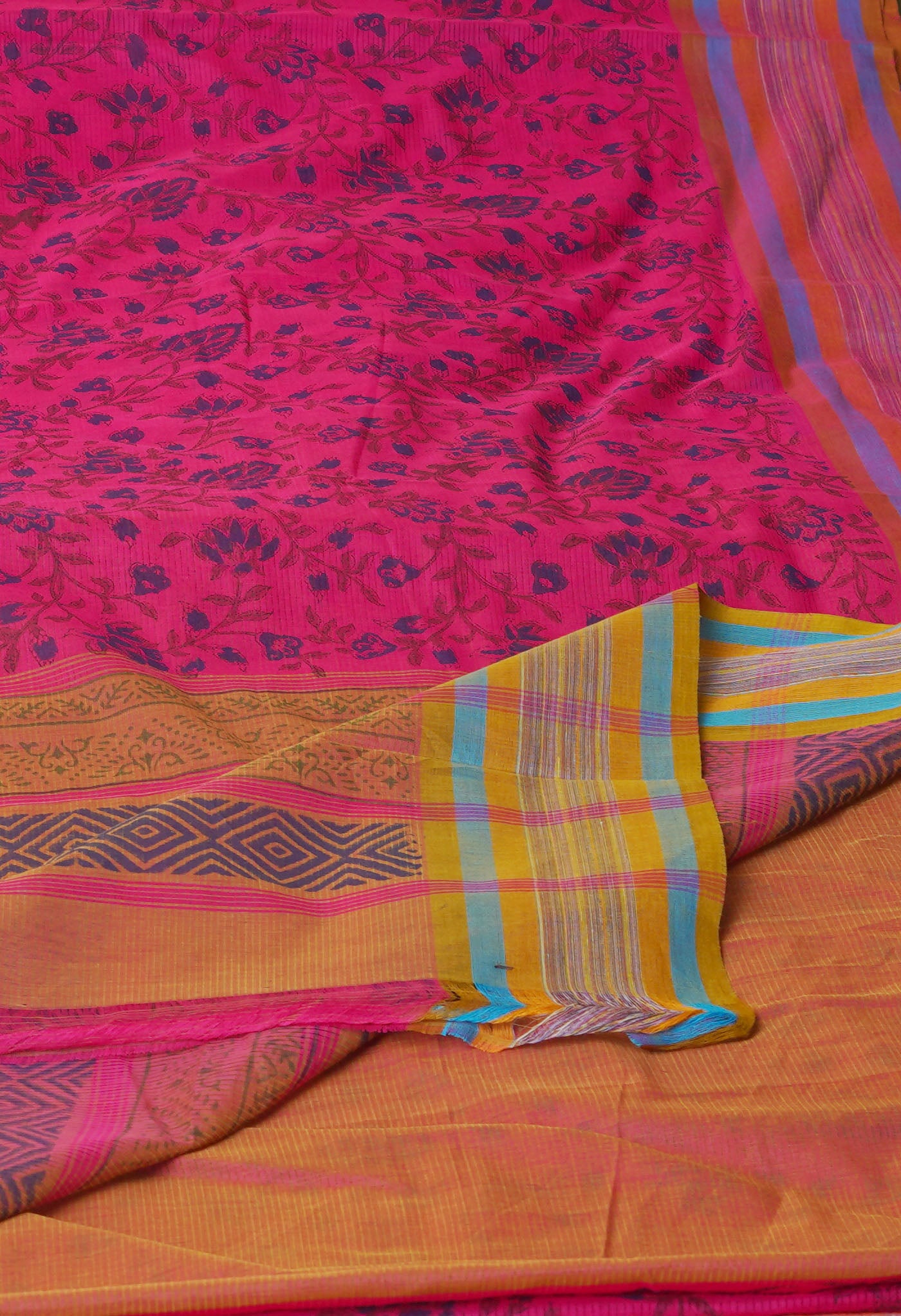 Pink Pure Block Printed Mangalgiri Cotton Saree