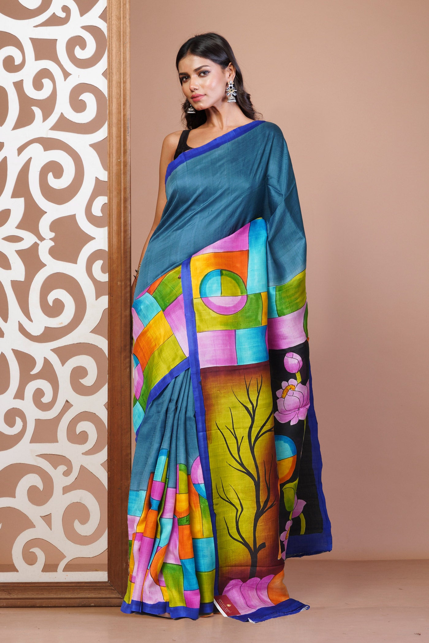 Grey Pure Handloom Hand Painted Murshidabad Silk Saree-UNM77051