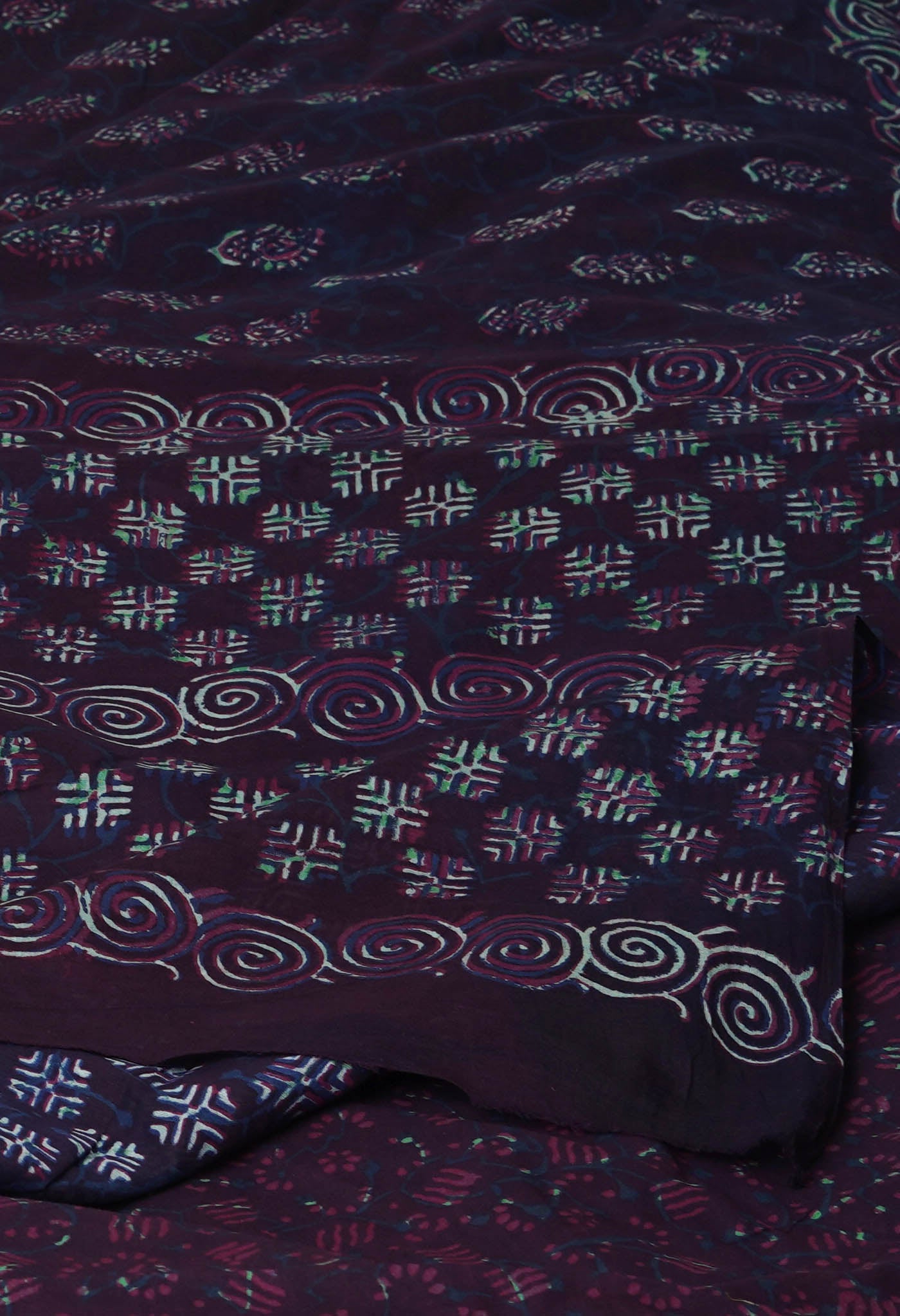 Dark Purple Pure  Napthol Hand Block Pinted Superfine Mulmul Cotton Saree