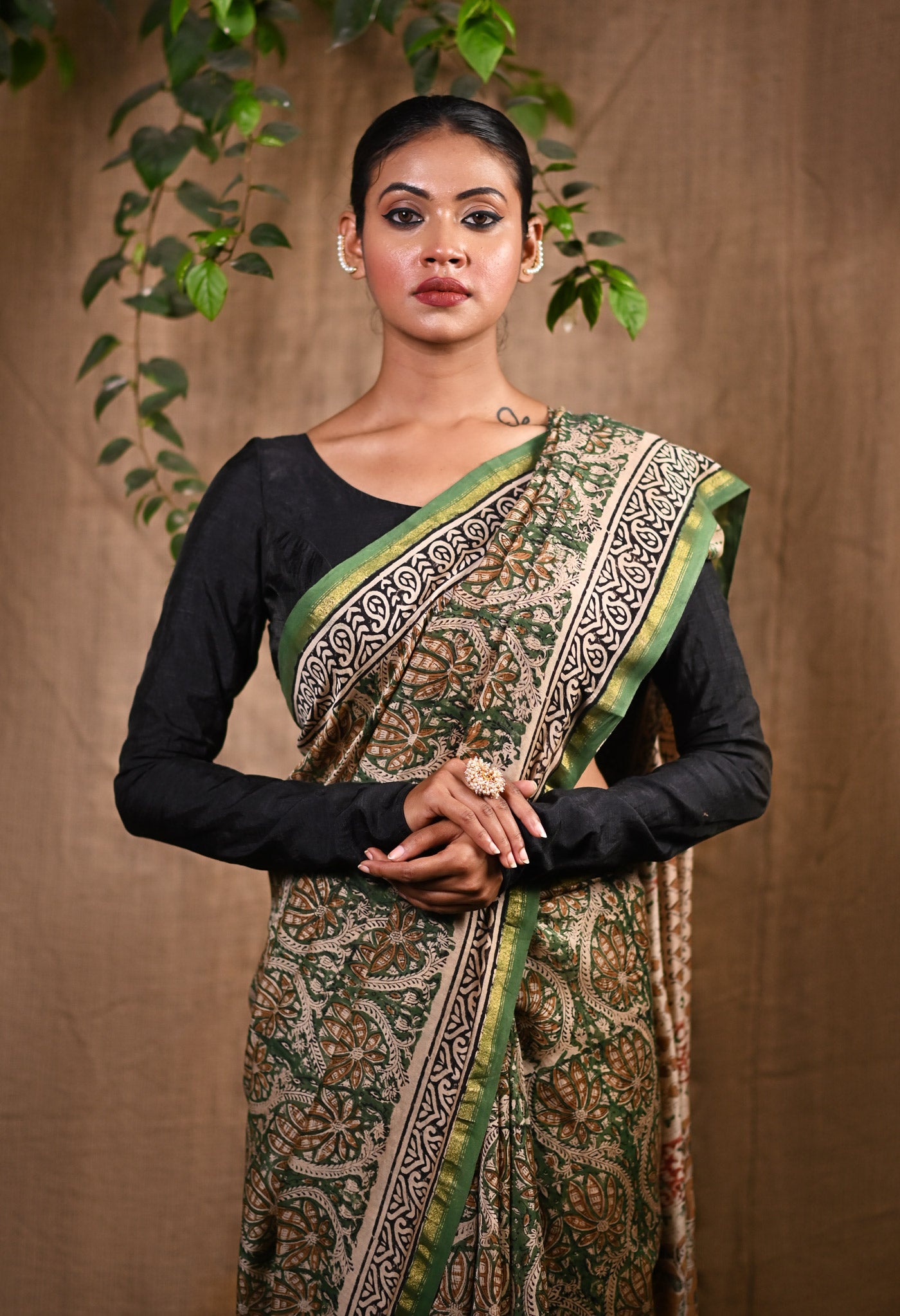 Green Pure  Bagru Printed Chanderi Sico Saree-UNM77120