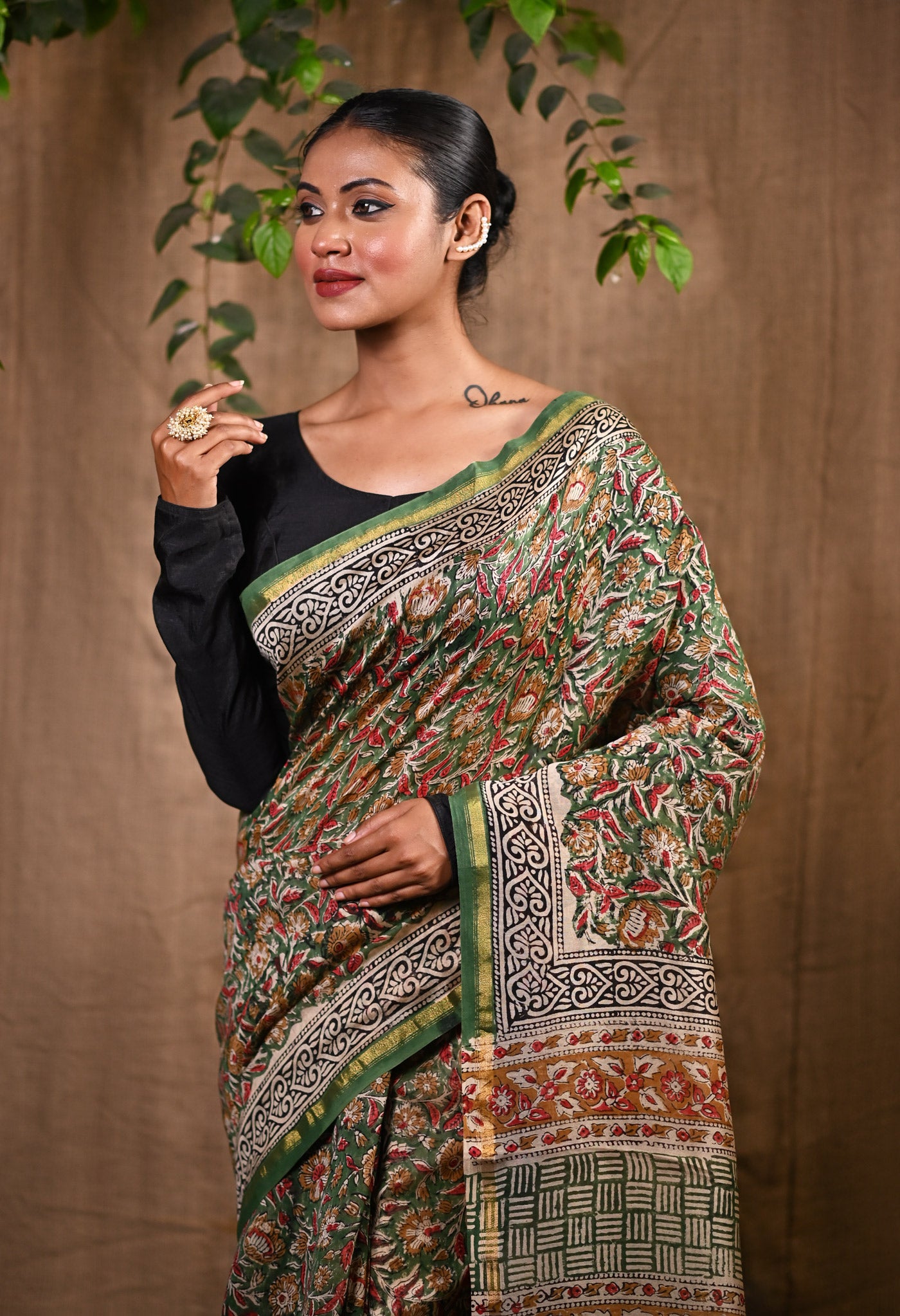 Green Pure  Bagru Printed Chanderi Sico Saree-UNM77122