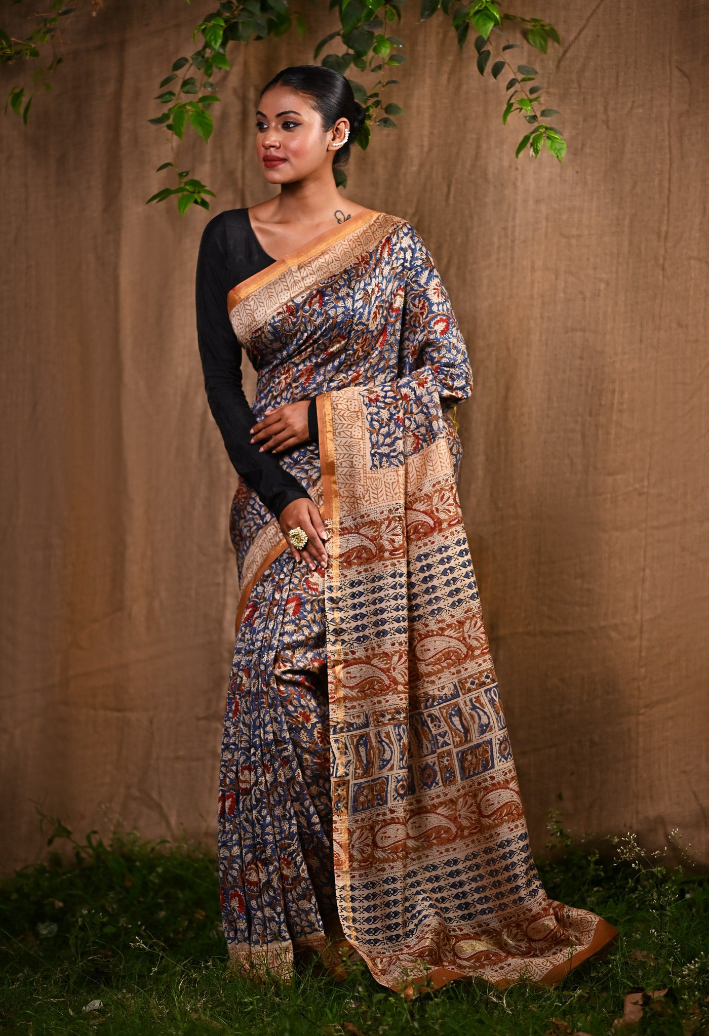 Blue Pure  Bagru Printed Chanderi Sico Saree-UNM77124