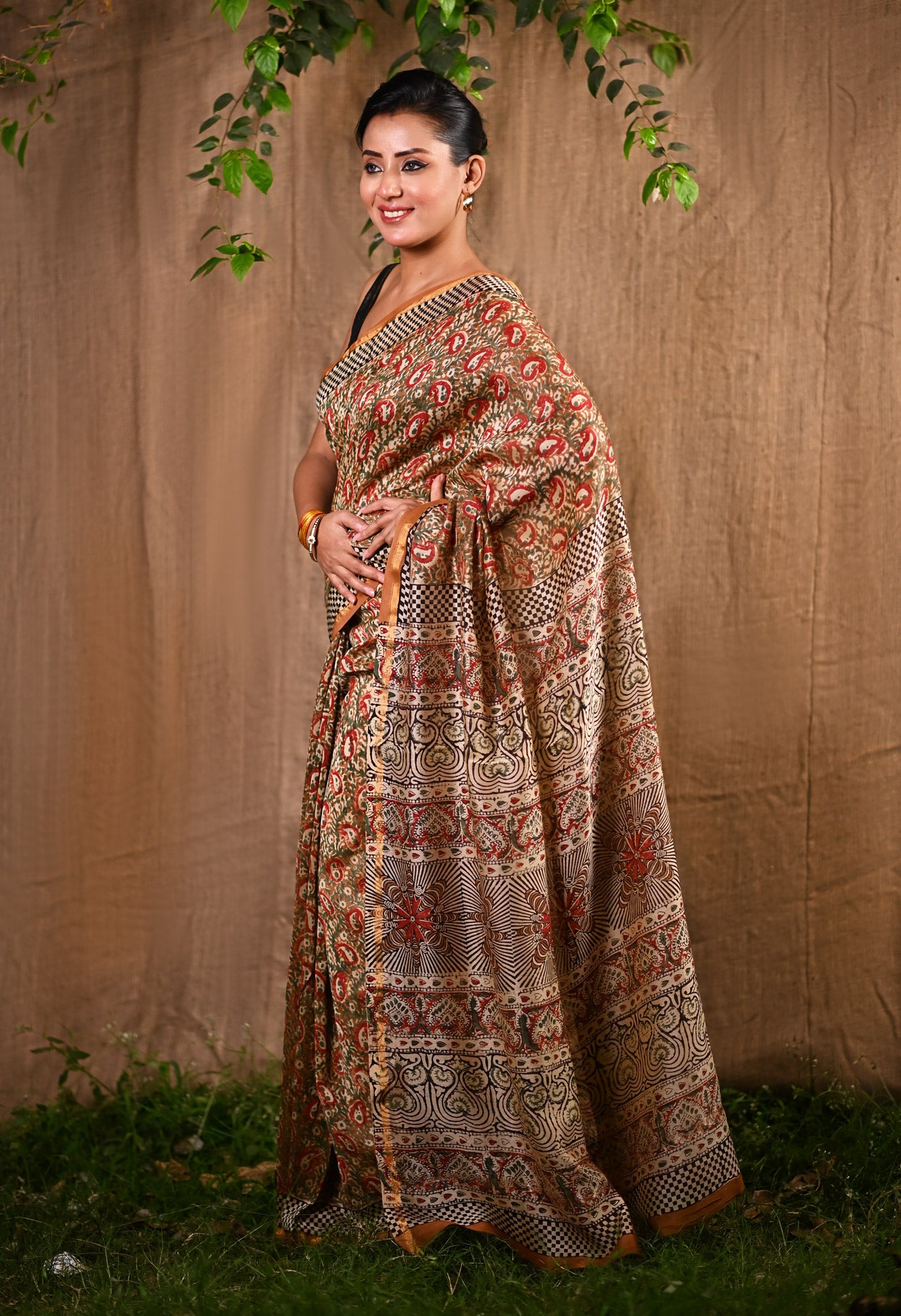 Brown Pure  Bagru Printed Chanderi Sico Saree-UNM77125