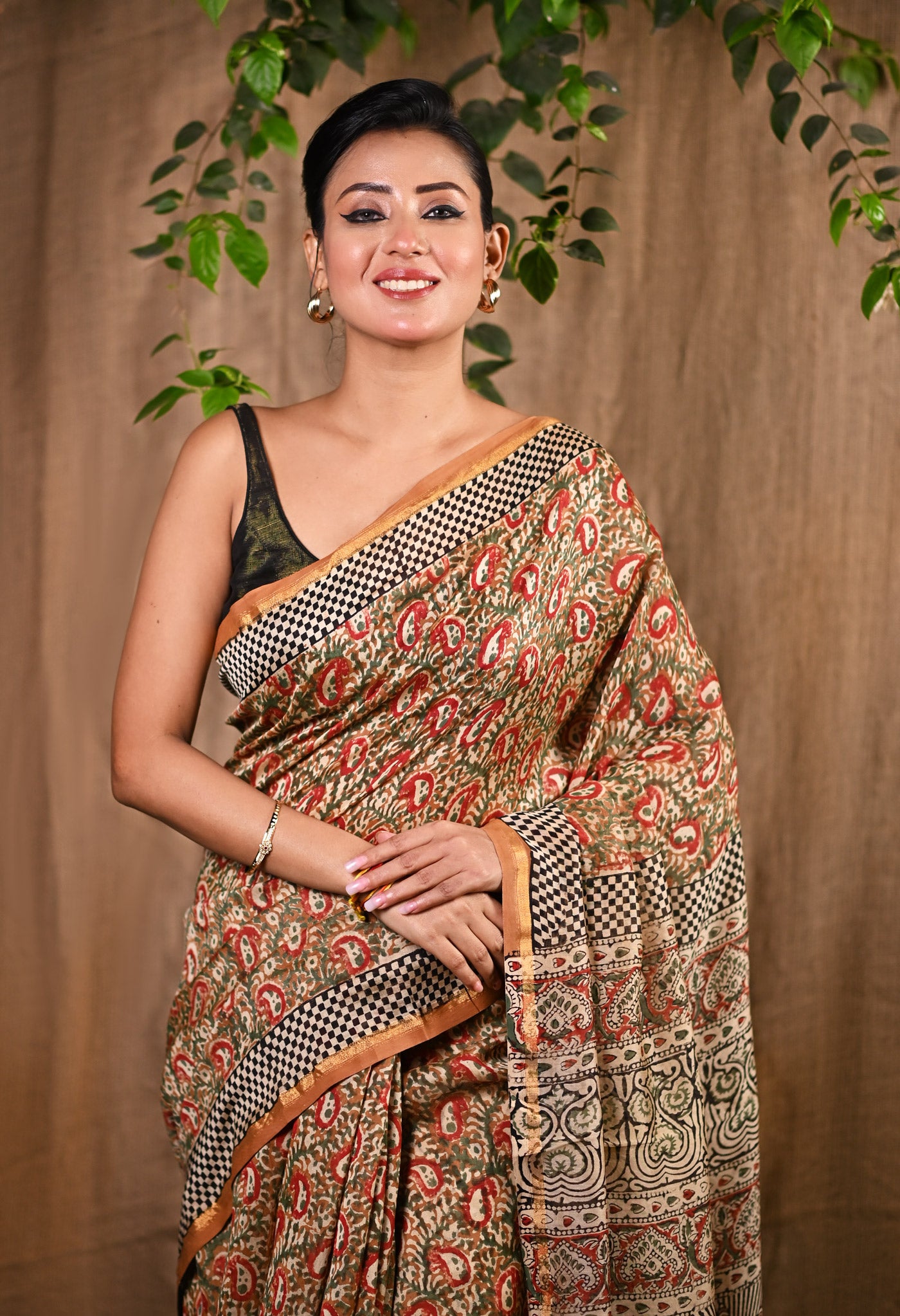 Brown Pure  Bagru Printed Chanderi Sico Saree-UNM77125