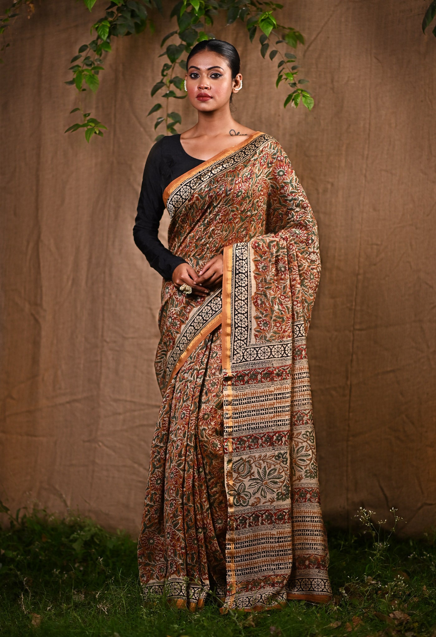 Brown Pure  Bagru Printed Chanderi Sico Saree-UNM77127