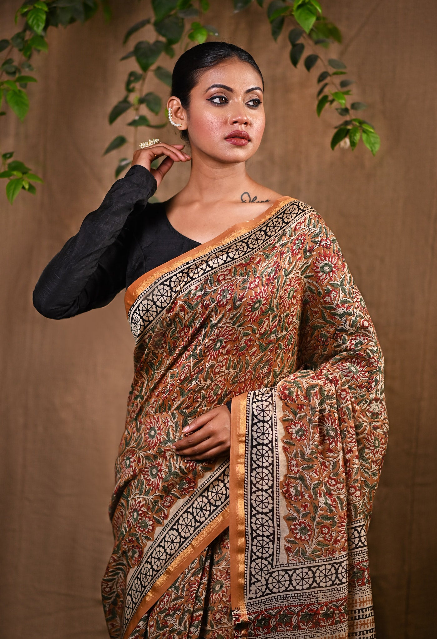 Brown Pure  Bagru Printed Chanderi Sico Saree-UNM77127