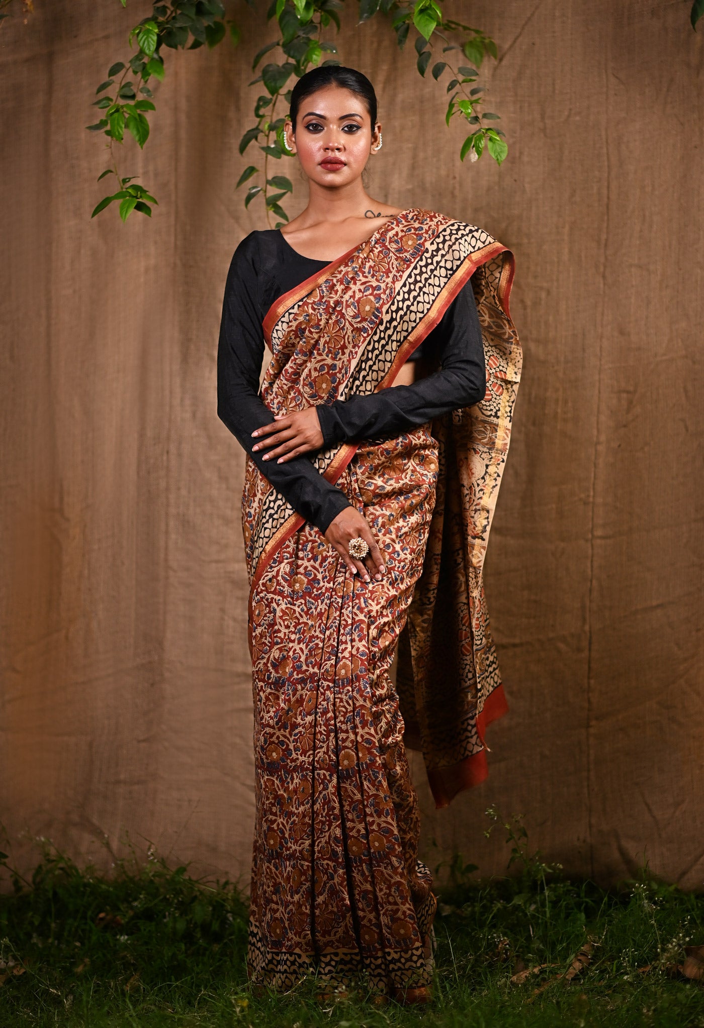 Brown Pure  Bagru Printed Chanderi Sico Saree-UNM77128