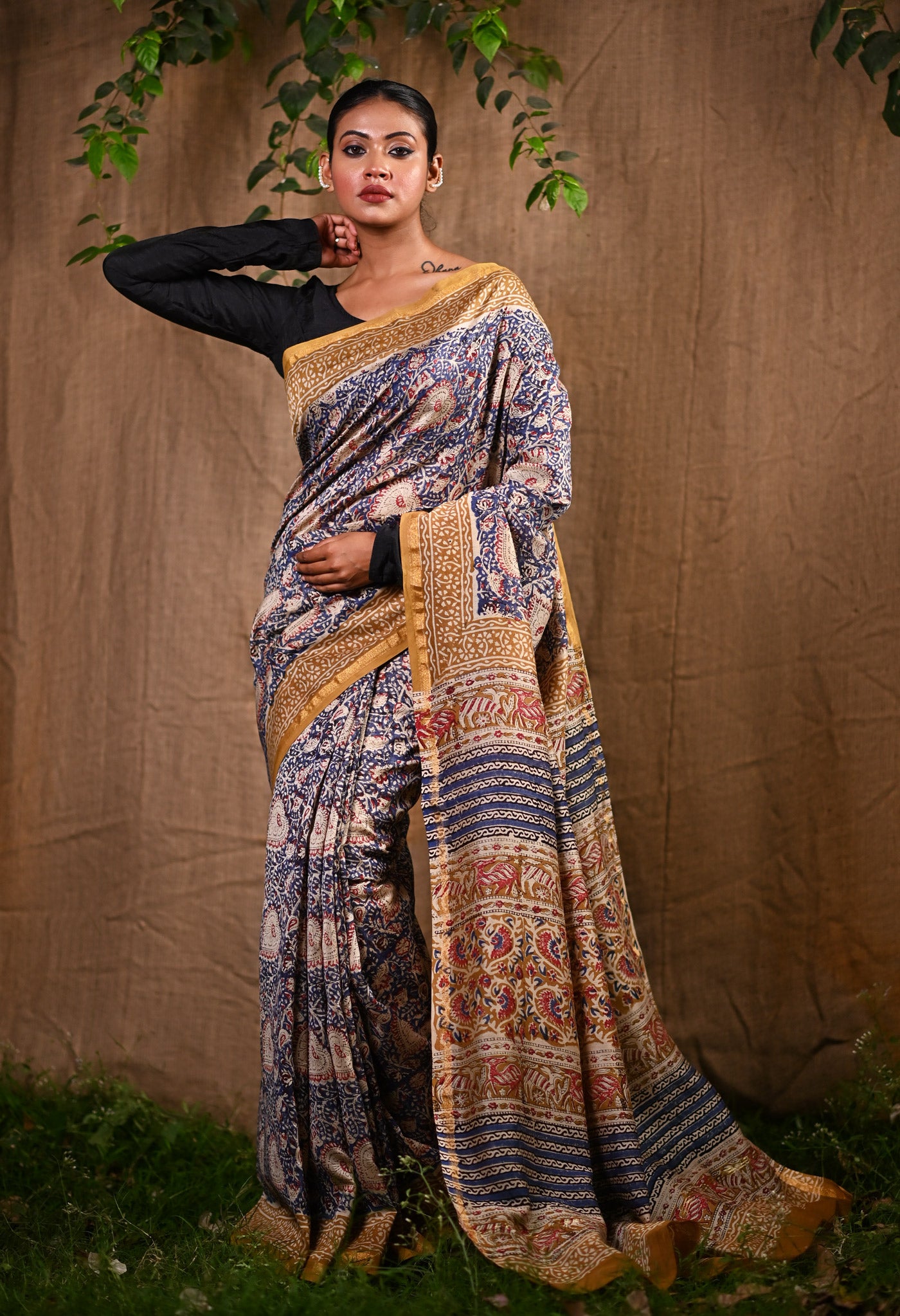 Blue Pure  Bagru Printed Chanderi Sico Saree-UNM77129