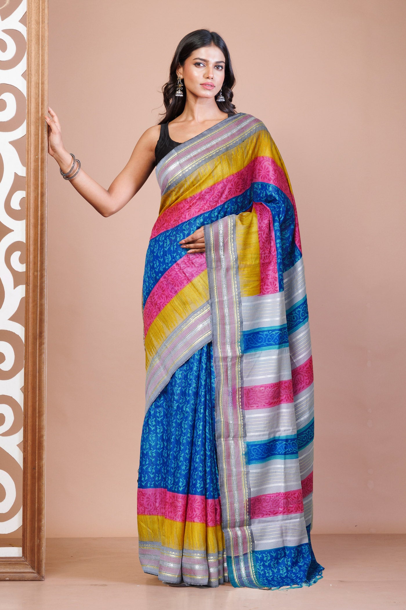 Blue Pure Handloom Printed Vidarbha Tussar  Silk Saree-UNM77408