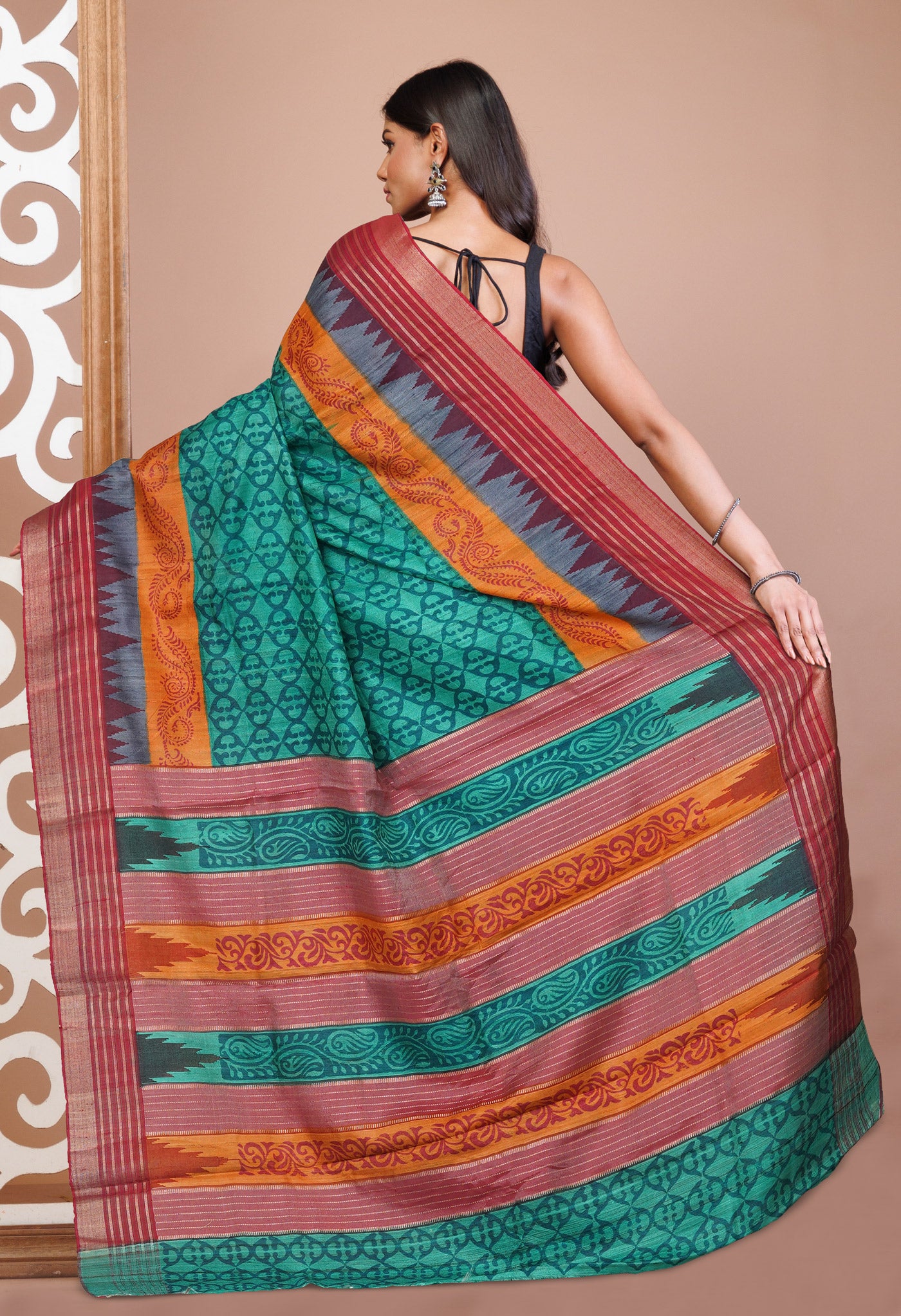 Green Pure Handloom Printed Vidarbha Tussar  Silk Saree-UNM77421