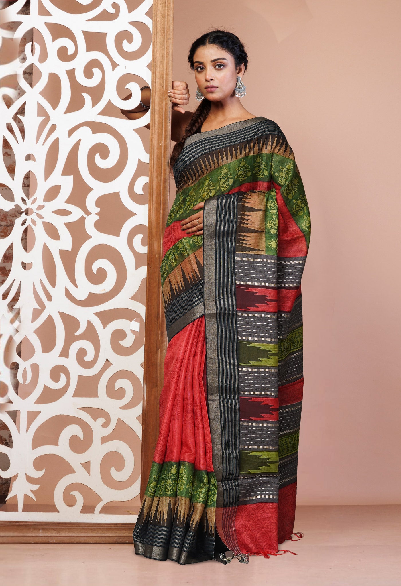 Red Pure Handloom Printed Vidarbha Tussar  Silk Saree-UNM77424