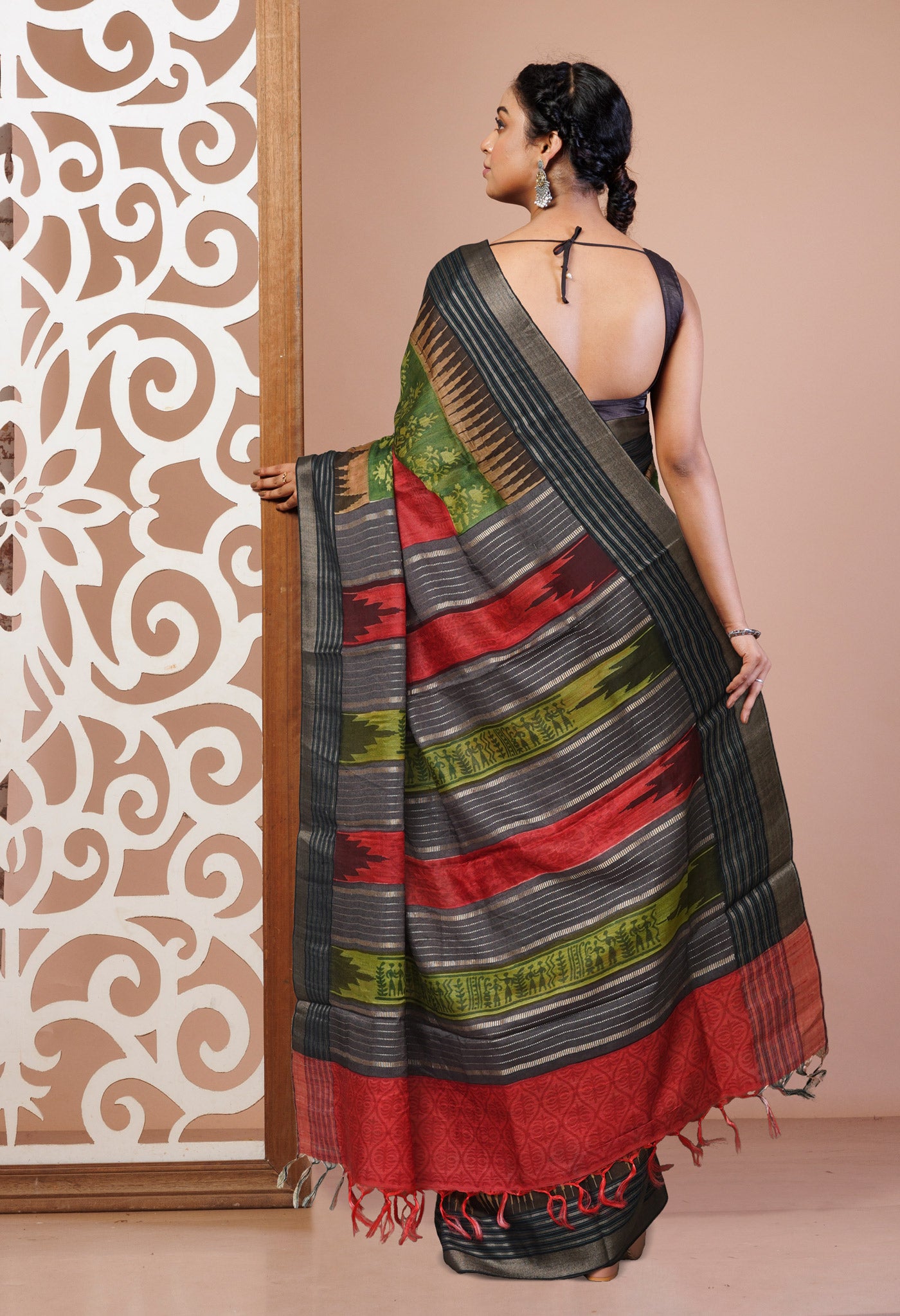 Red Pure Handloom Printed Vidarbha Tussar  Silk Saree-UNM77424