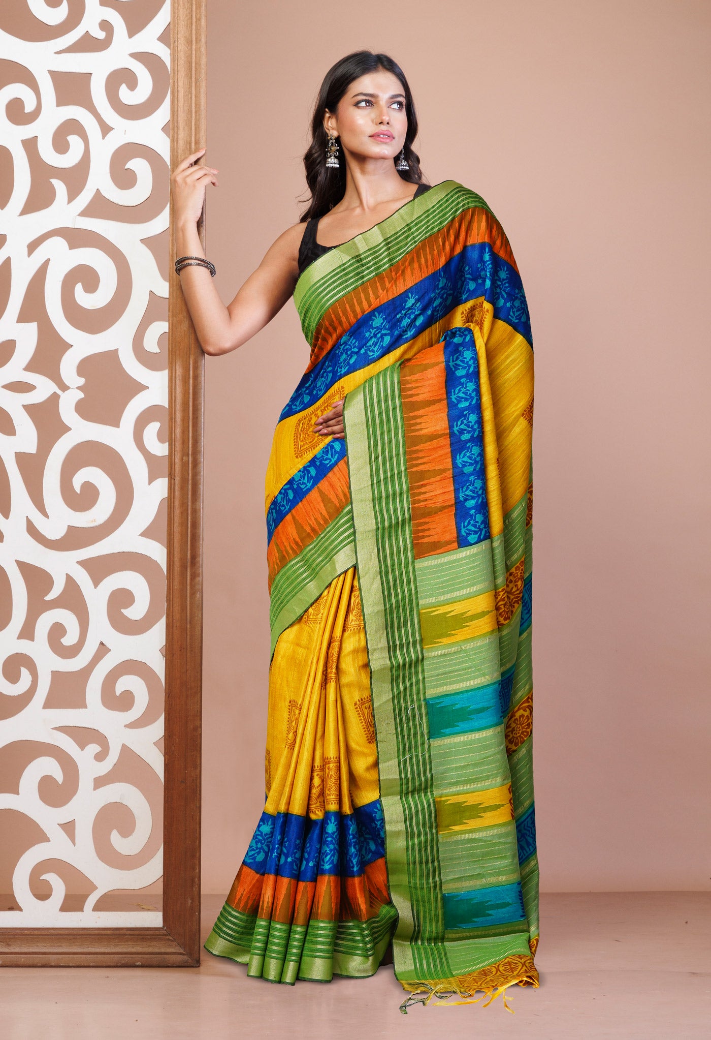 Yellow Pure Handloom Printed Vidarbha Tussar  Silk Saree-UNM77426