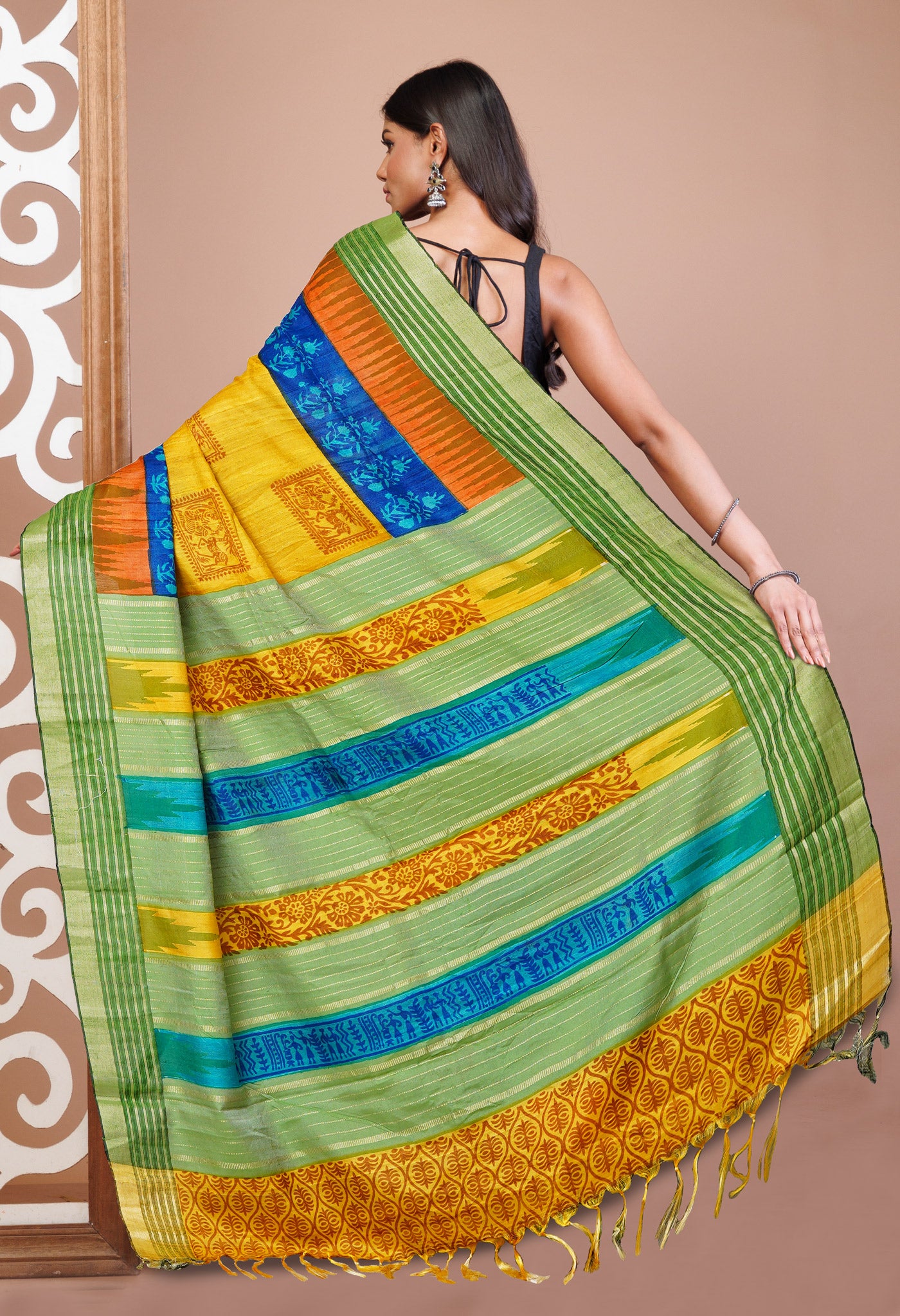 Yellow Pure Handloom Printed Vidarbha Tussar  Silk Saree-UNM77426