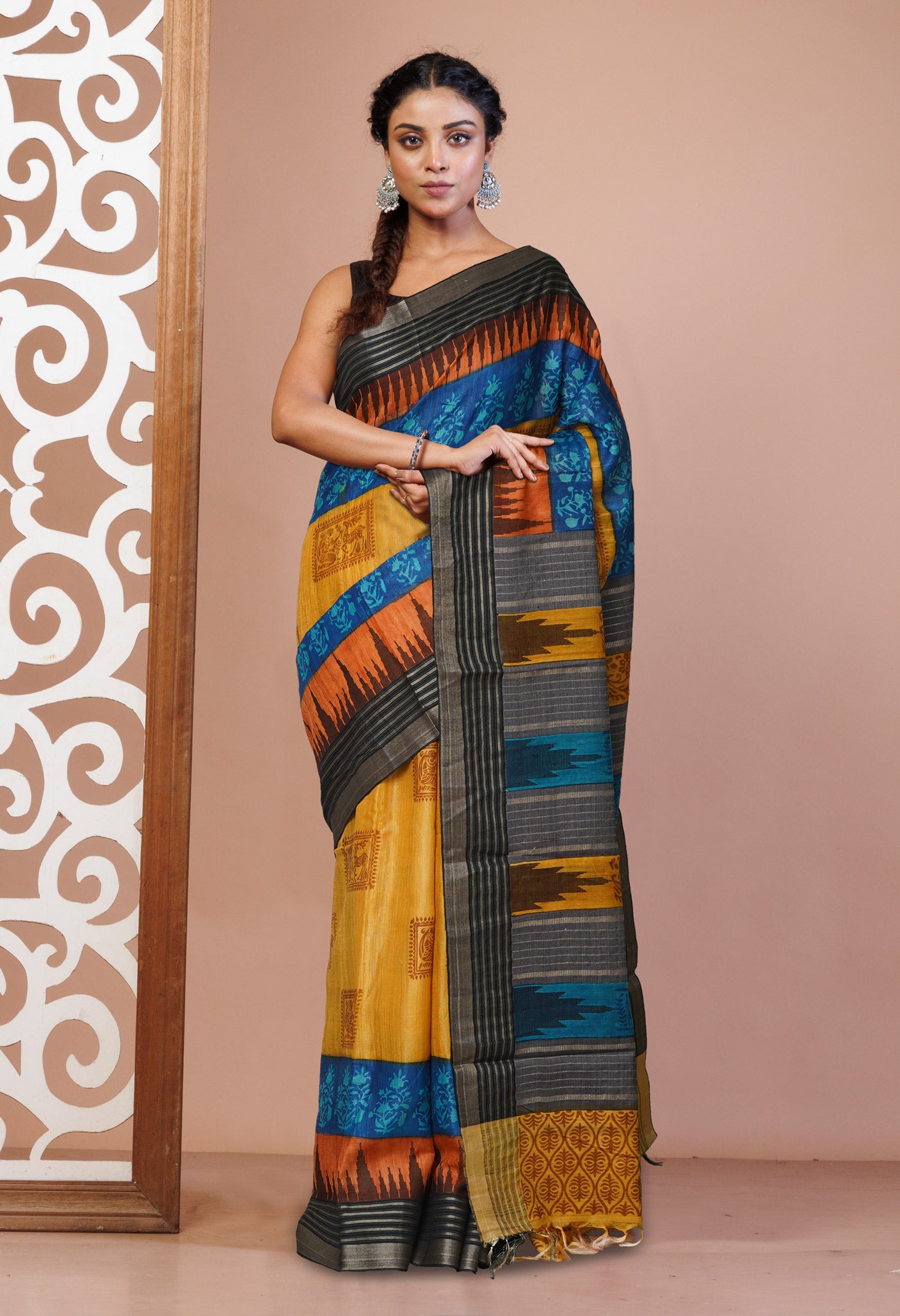 Yellow Pure Handloom Printed Vidarbha Tussar  Silk Saree-UNM77432