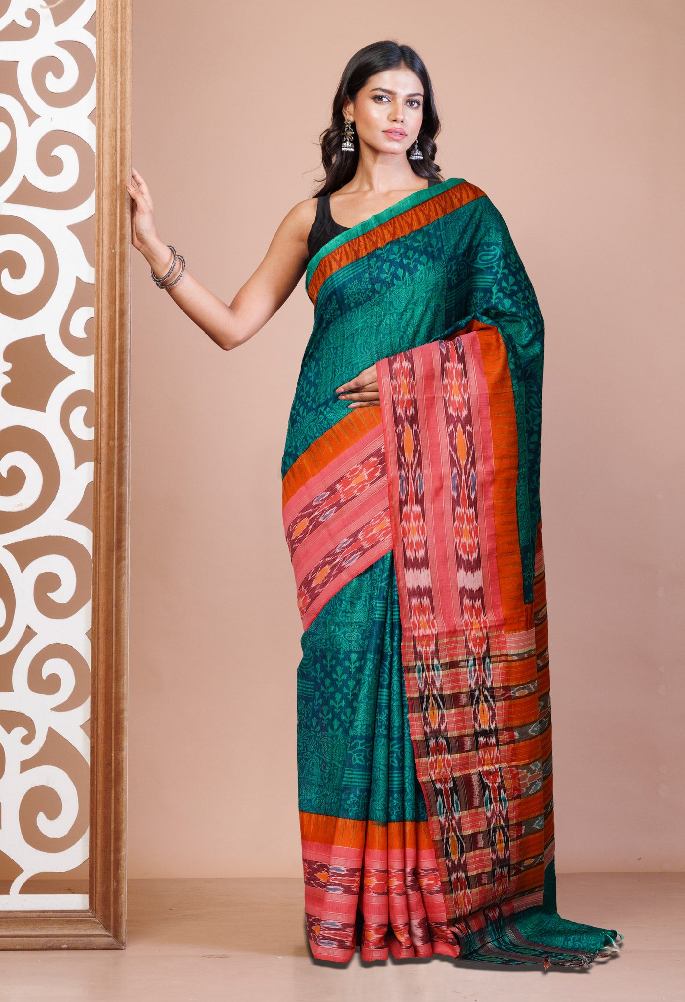 Green Pure Handloom Printed Vidarbha Tussar  Silk Saree-UNM77438