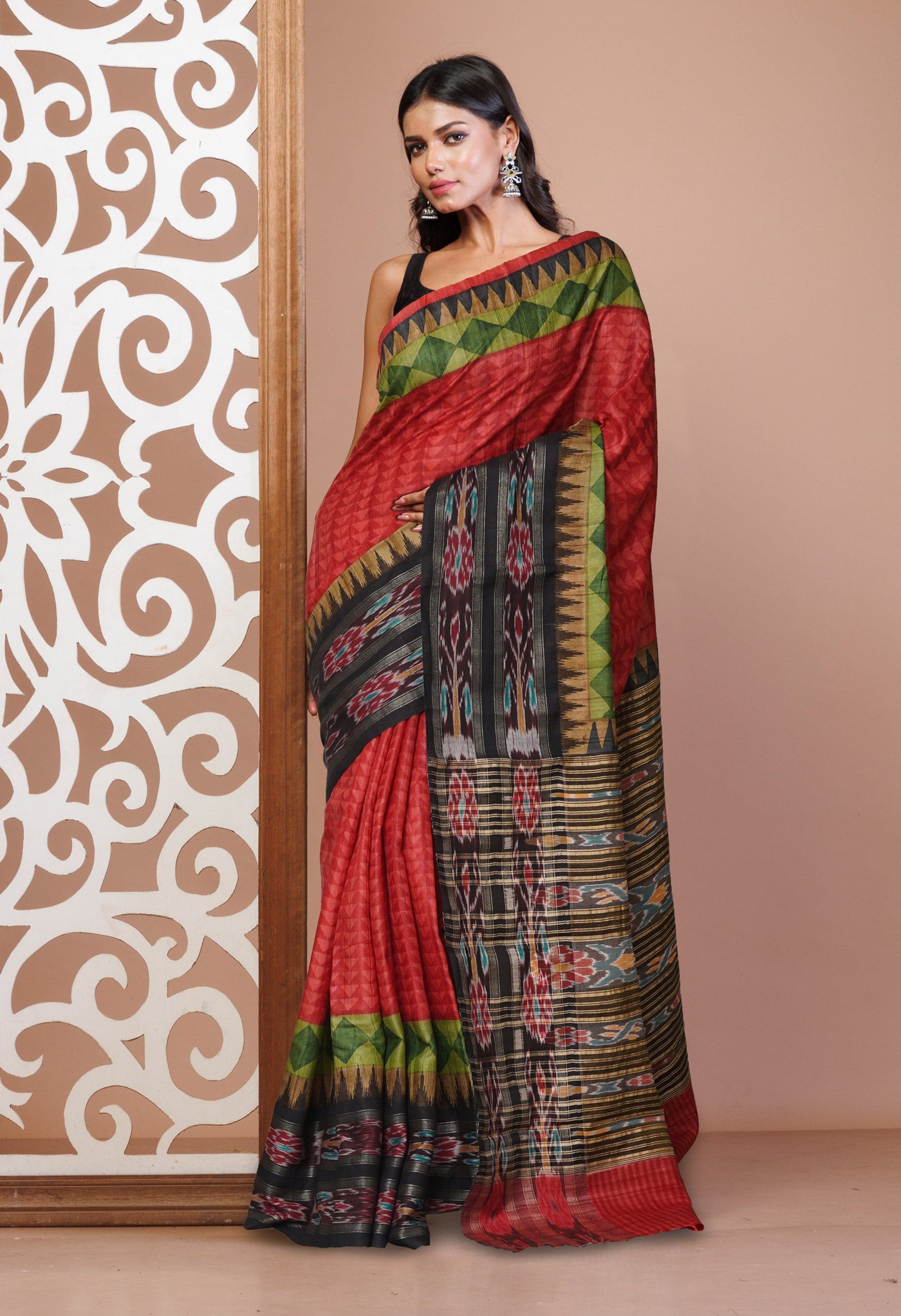 Red Pure Handloom Printed Vidarbha Tussar  Silk Saree-UNM77439