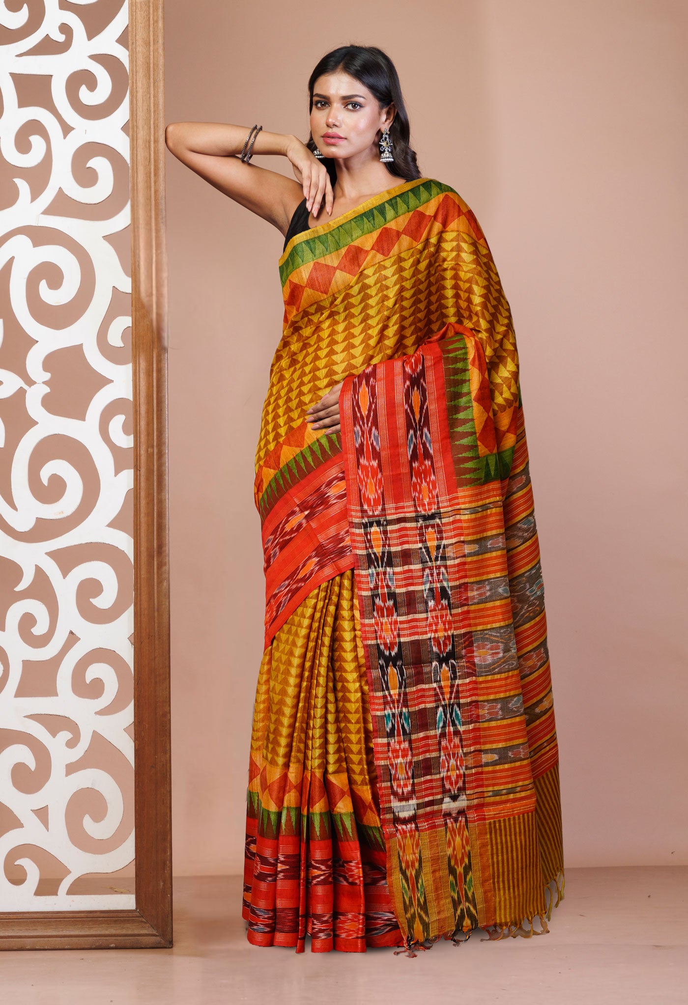 Yellow Pure Handloom Printed Vidarbha Tussar  Silk Saree-UNM77446