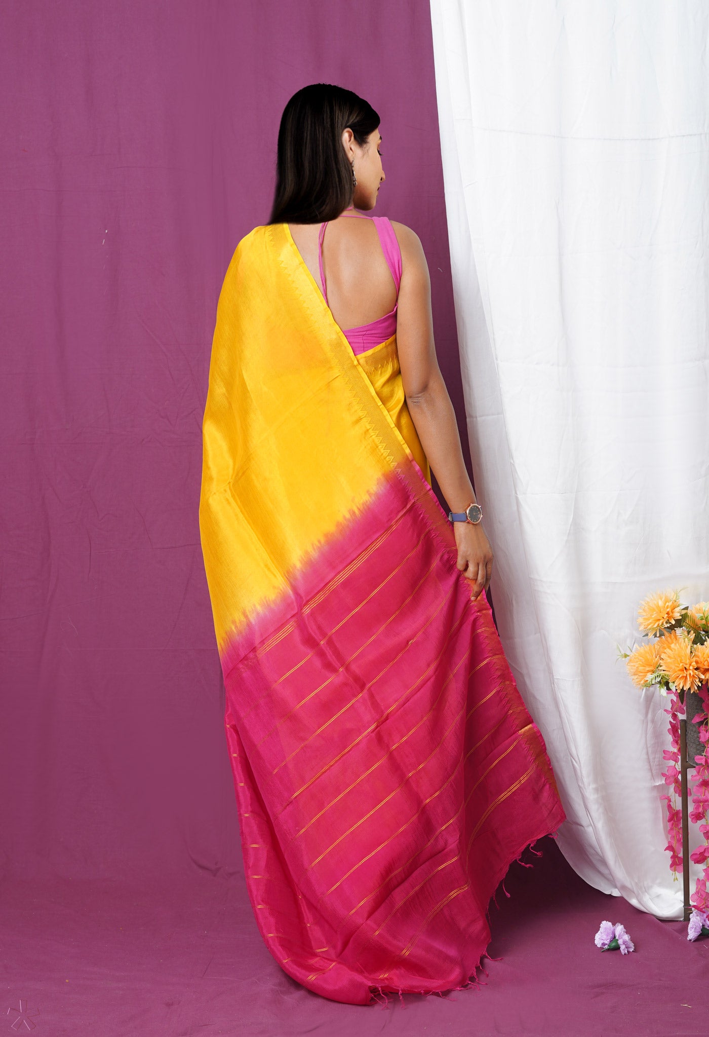 Yellow  Plain Dyed With Zari Brocade Soft Silk Saree