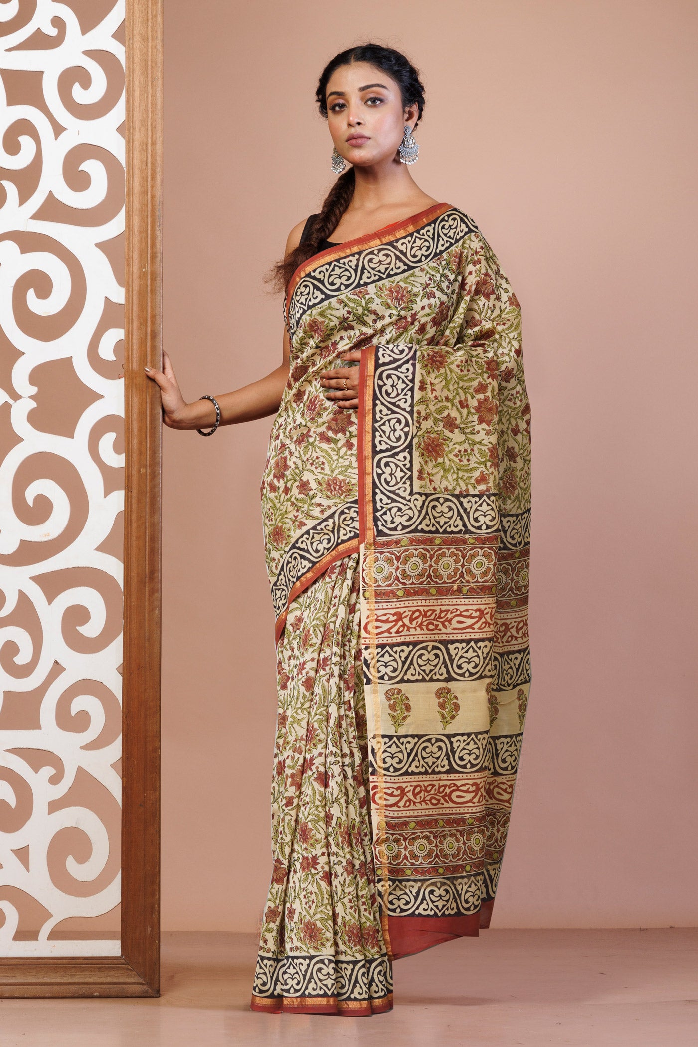 Cream Pure Bagru Kalamkari Printed Chanderi Sico Saree-UNM77461