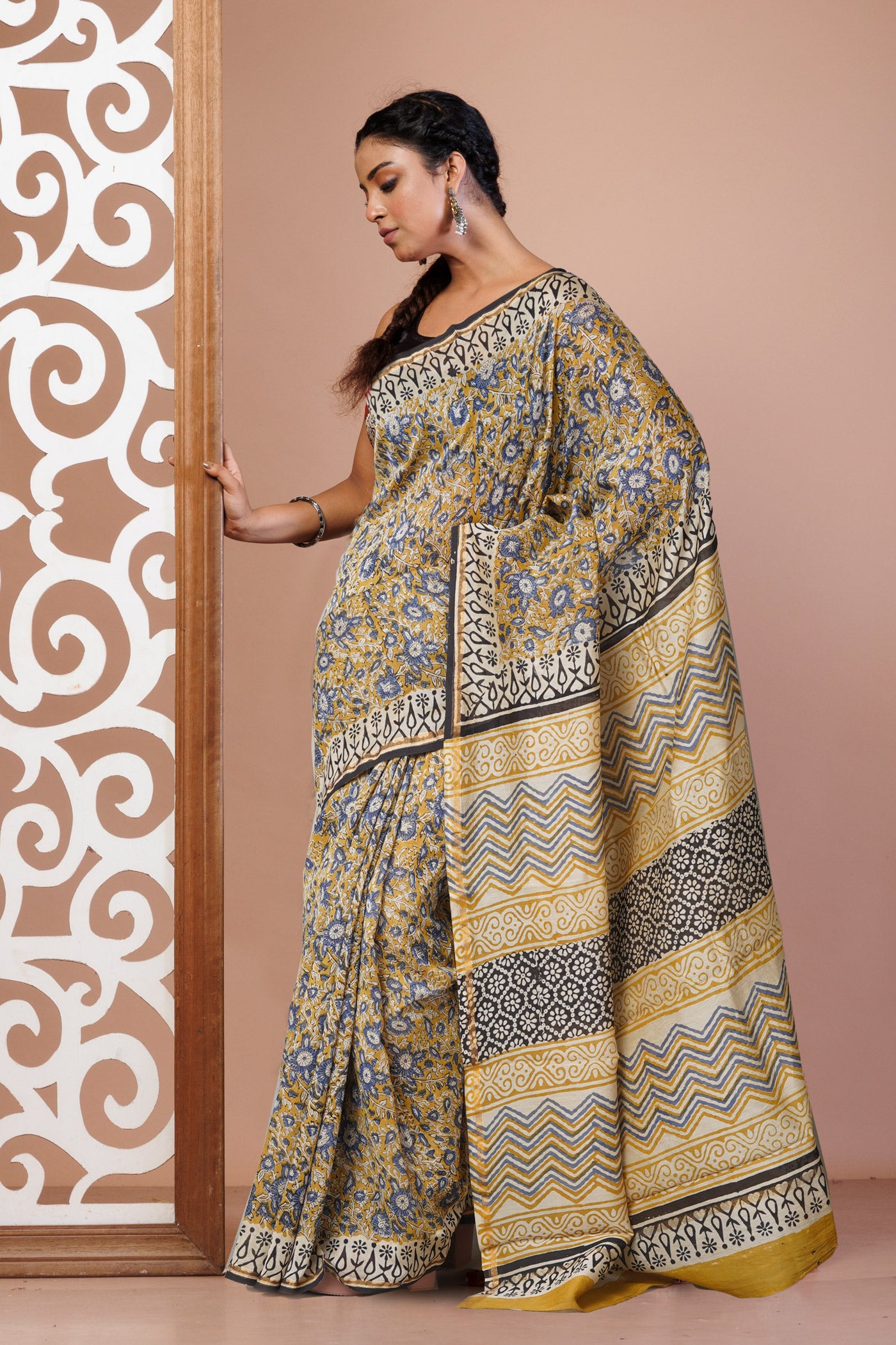 Yellow Pure Bagru Kalamkari Printed Chanderi Sico Saree-UNM77476