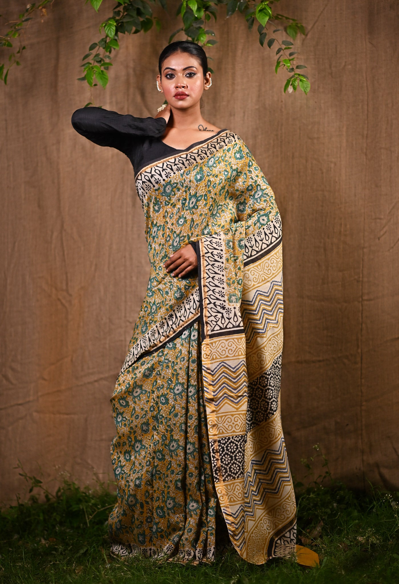 Yellow Pure Bagru Kalamkari Printed Chanderi Sico Saree-UNM77476