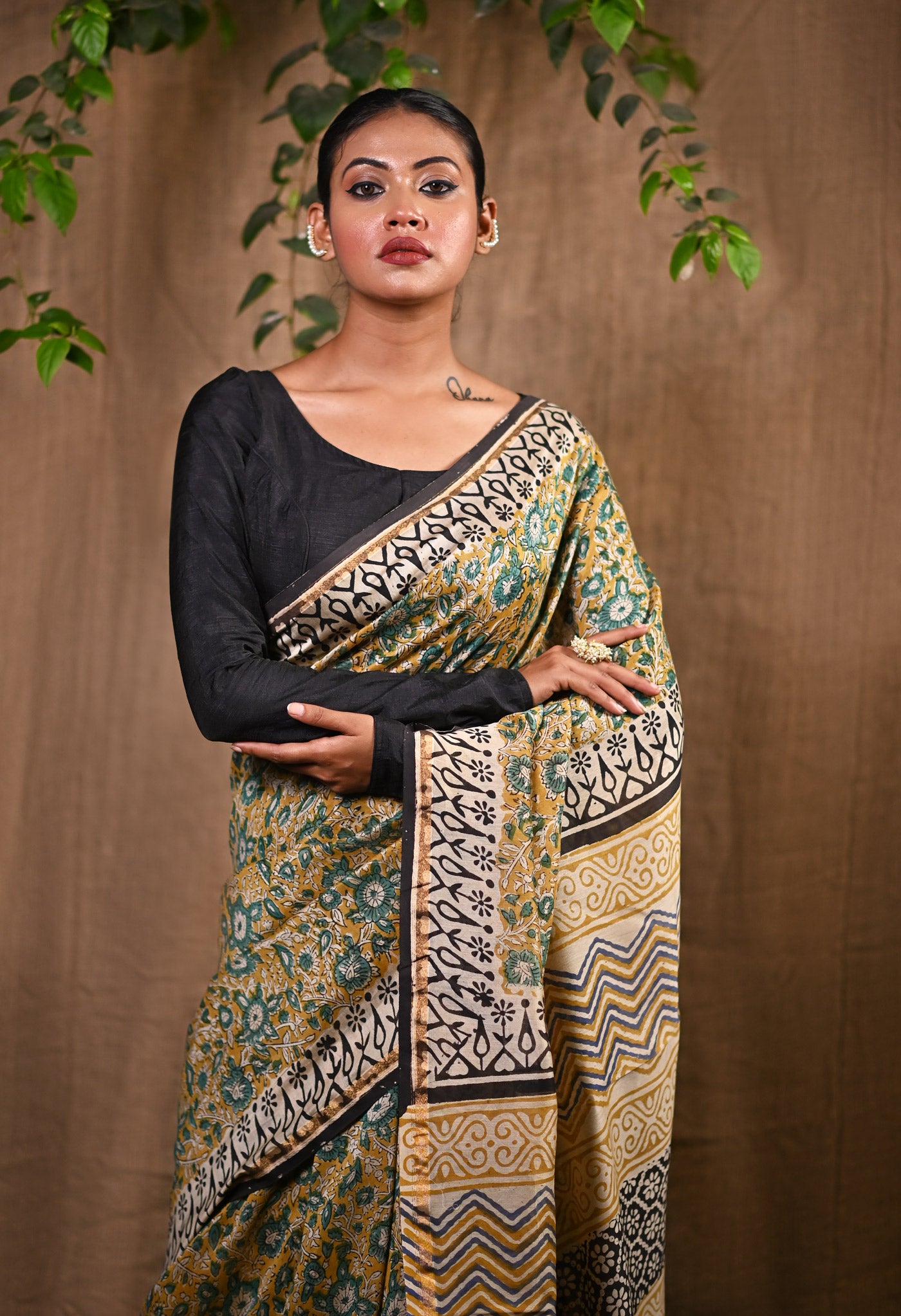 Yellow Pure Bagru Kalamkari Printed Chanderi Sico Saree-UNM77476