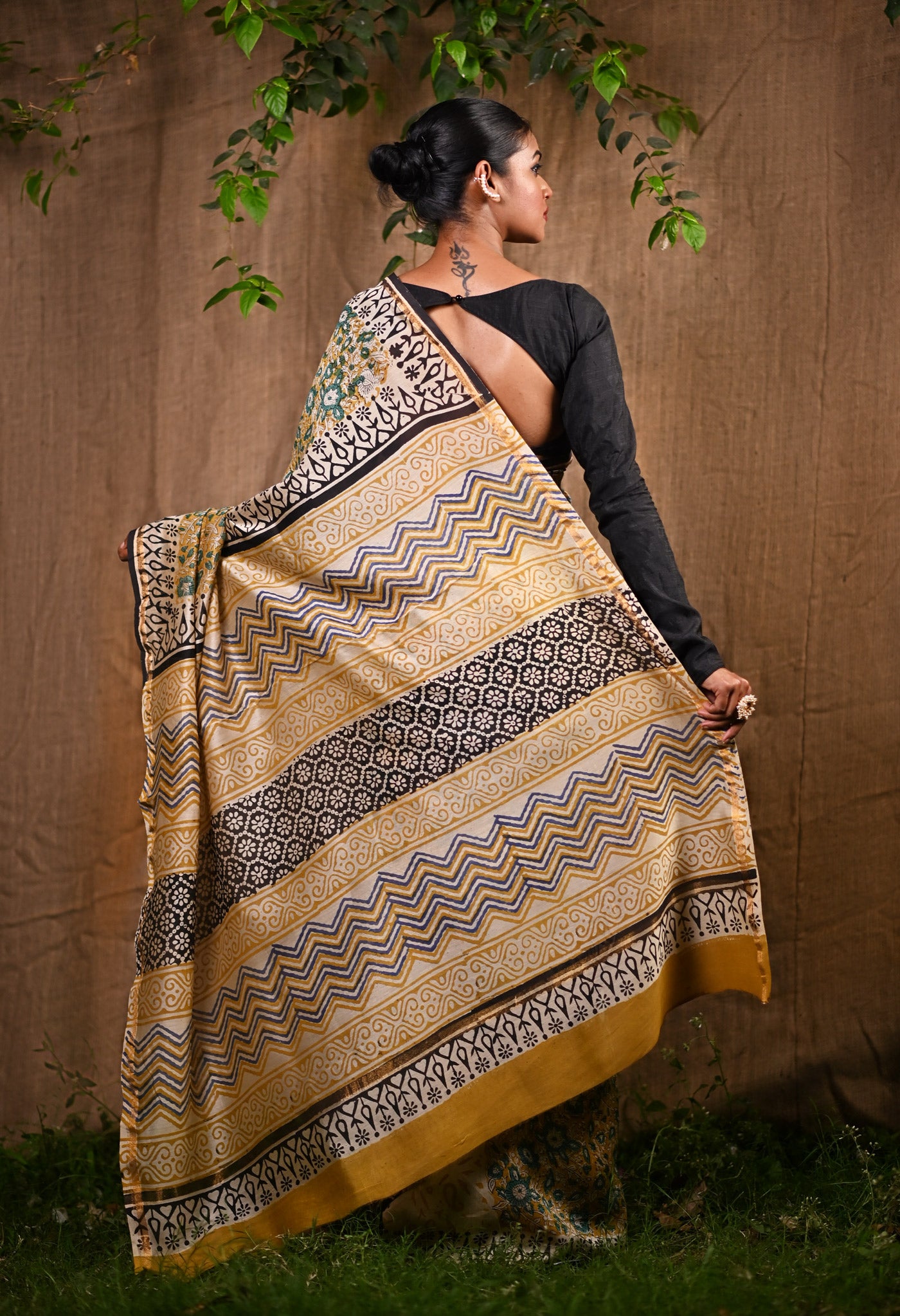 Yellow Pure Bagru Kalamkari Printed Chanderi Sico Saree-UNM77476