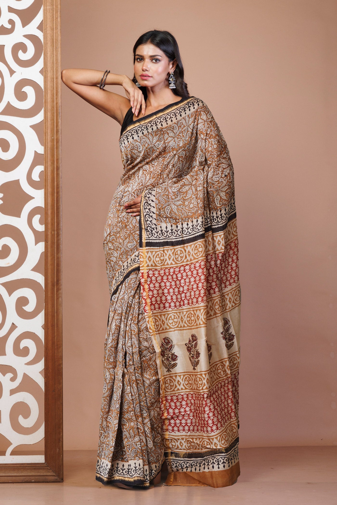 Brown Pure Bagru Kalamkari Printed Chanderi Sico Saree-UNM77477