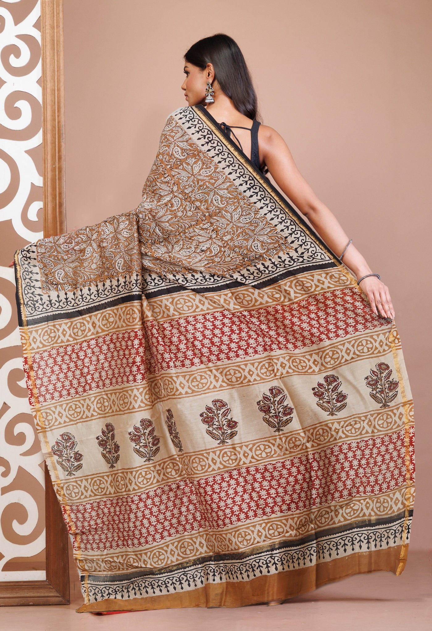 Brown Pure Bagru Kalamkari Printed Chanderi Sico Saree-UNM77477