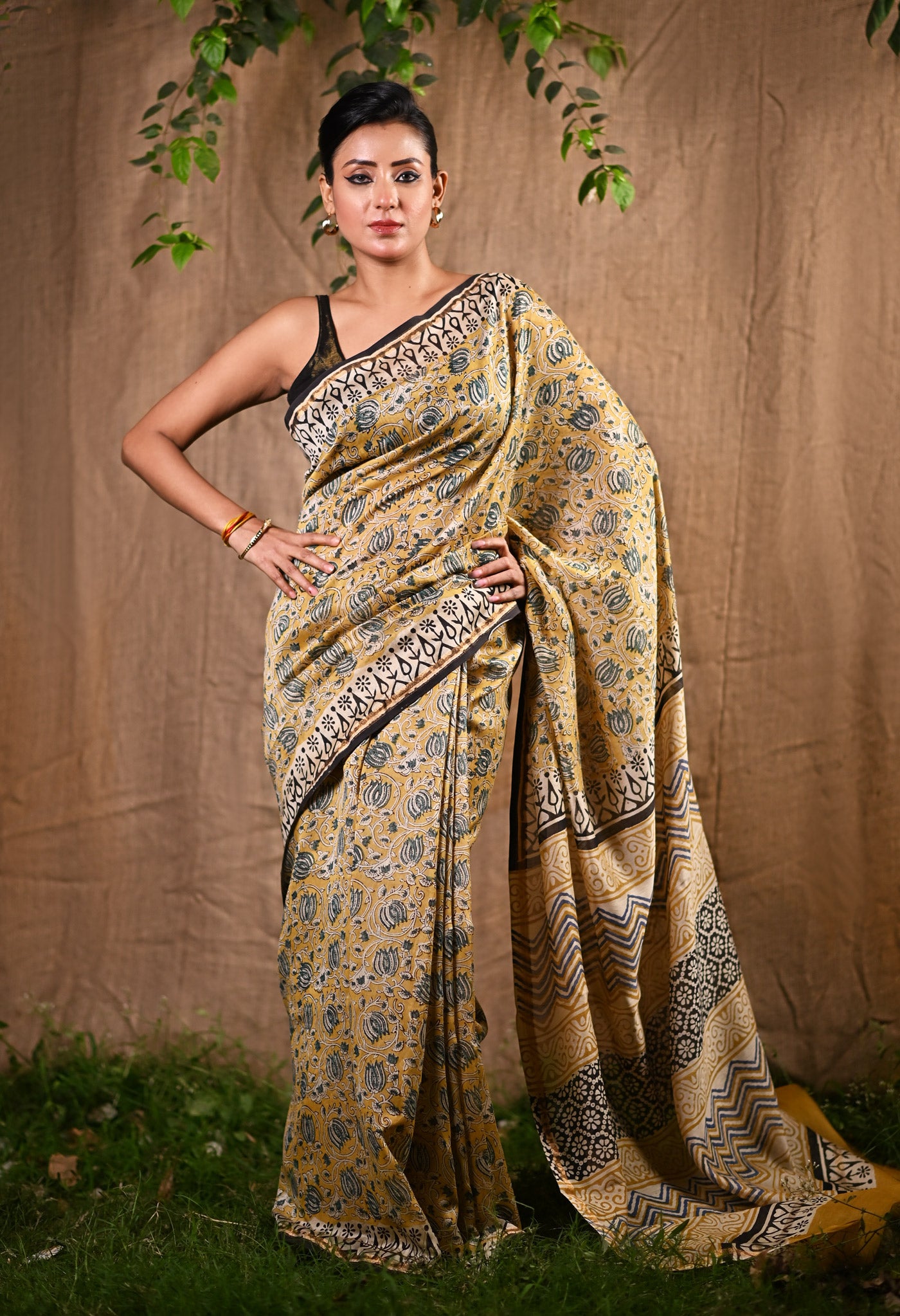 Yellow Pure Bagru Kalamkari Printed Chanderi Sico Saree-UNM77480