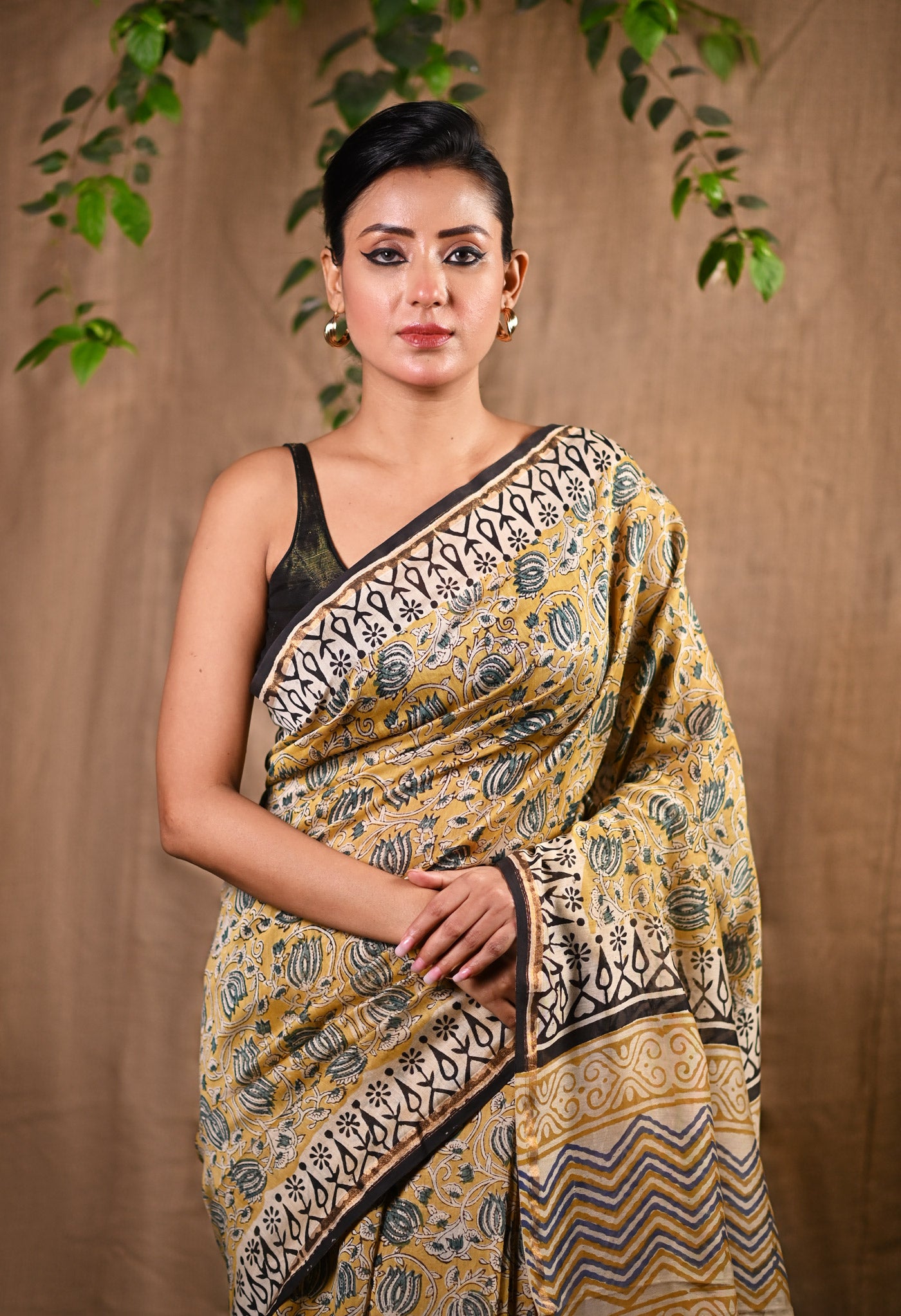 Yellow Pure Bagru Kalamkari Printed Chanderi Sico Saree-UNM77480