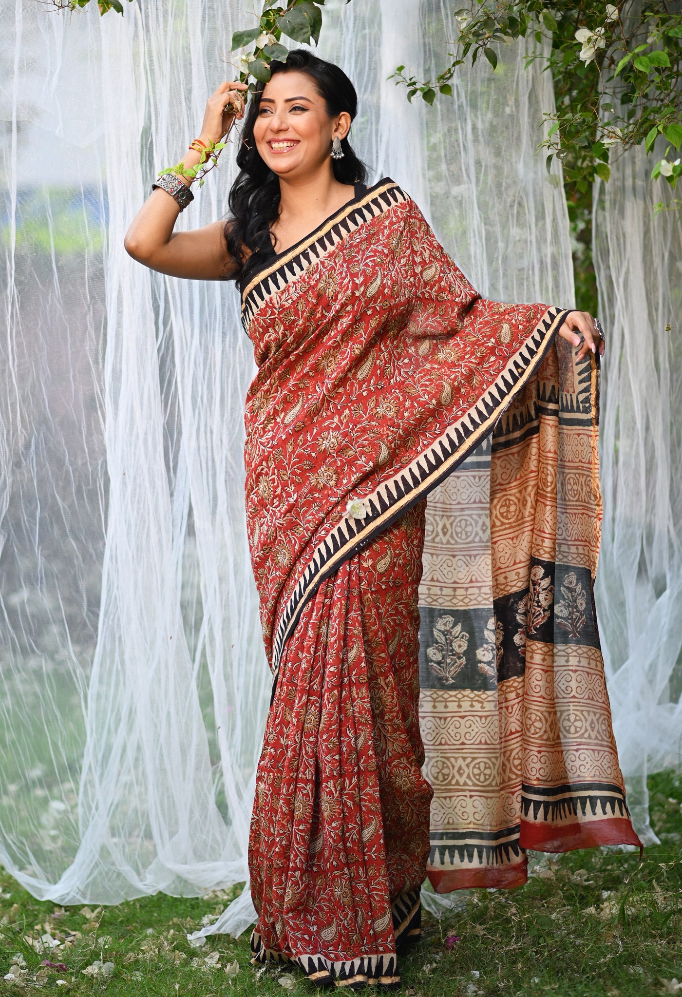 Red Pure Bagru Kalamkari Printed Chanderi Sico Saree-UNM77481