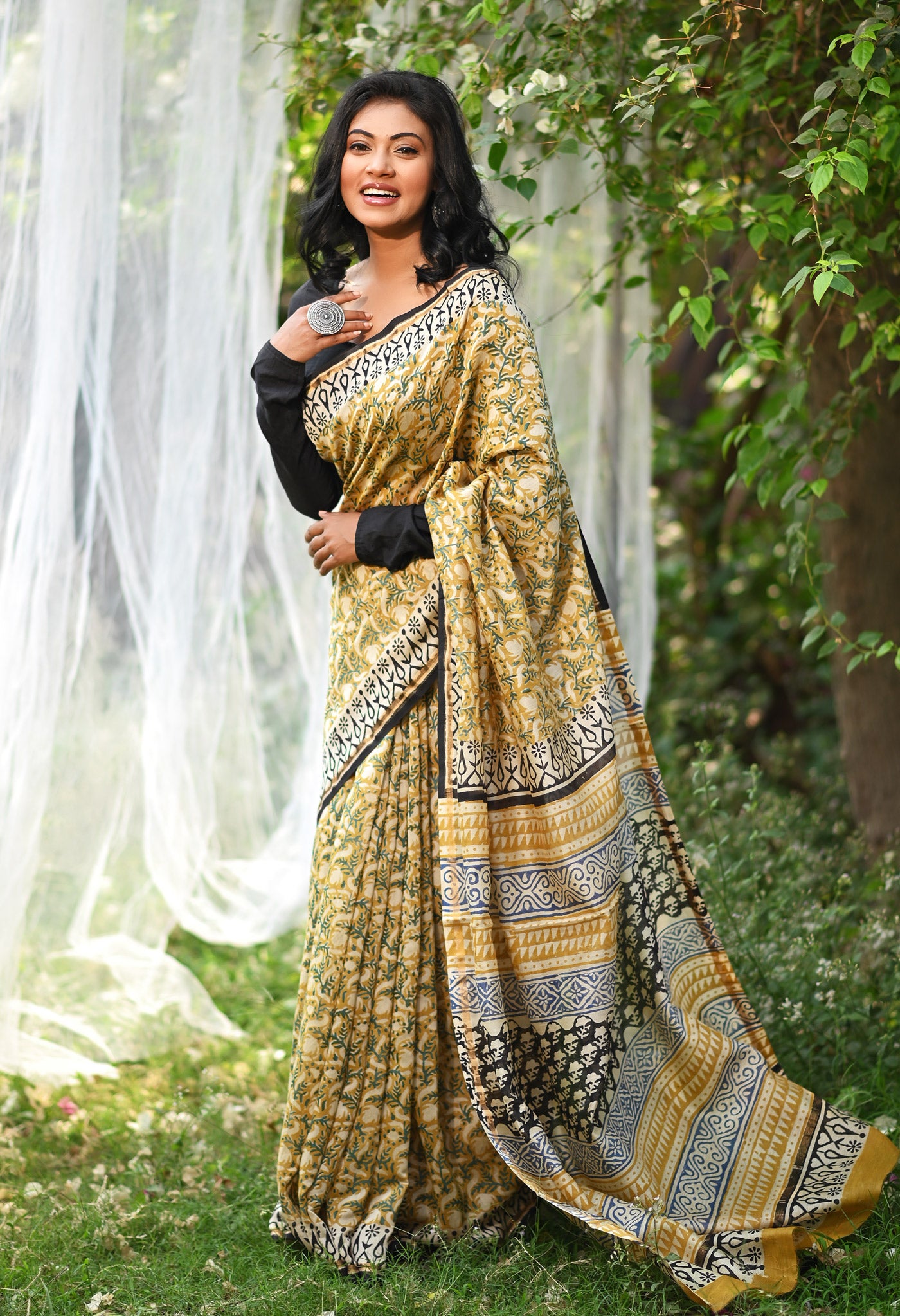 Yellow Pure Bagru Kalamkari Printed Chanderi Sico Saree-UNM77482