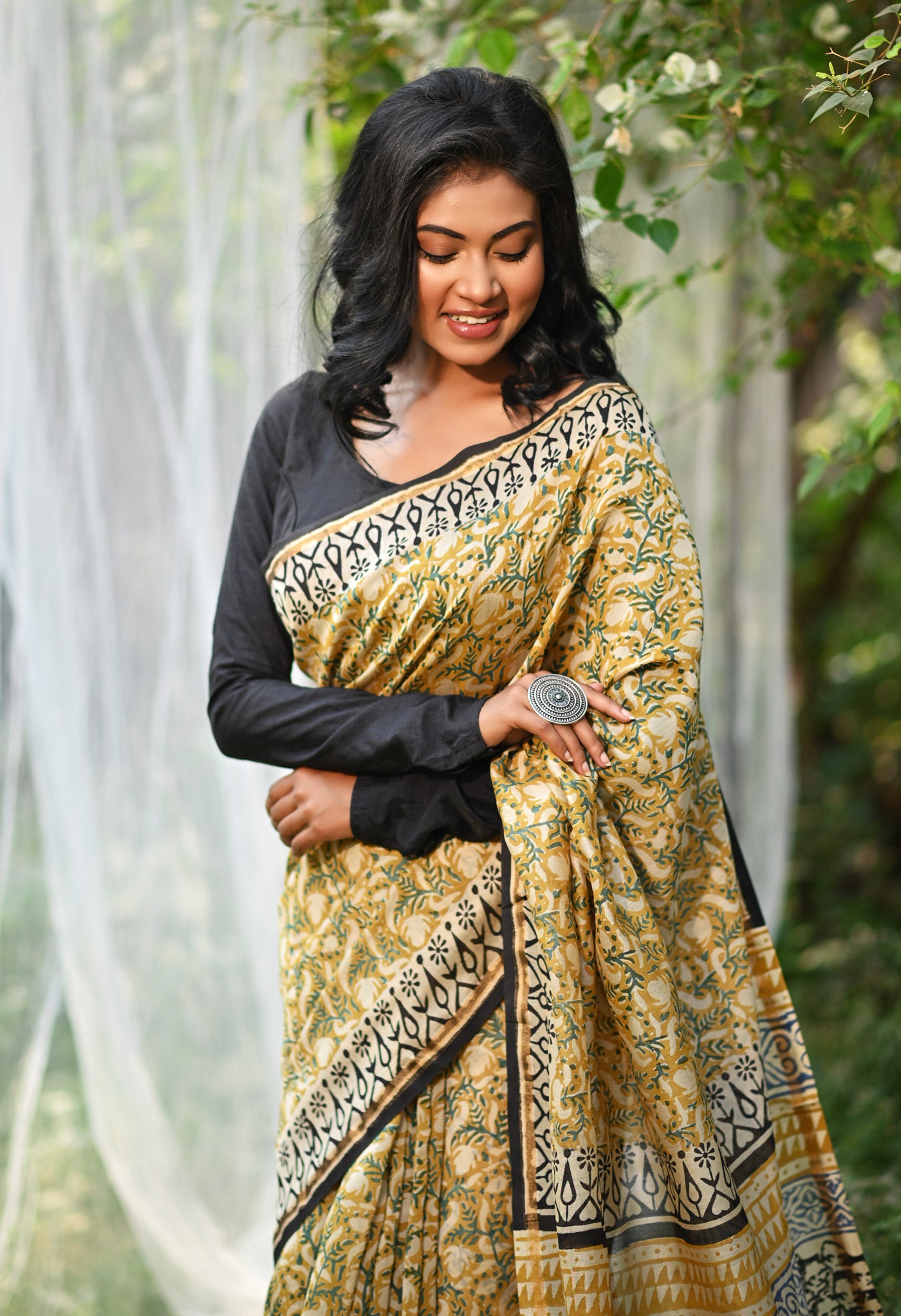 Yellow Pure Bagru Kalamkari Printed Chanderi Sico Saree-UNM77482