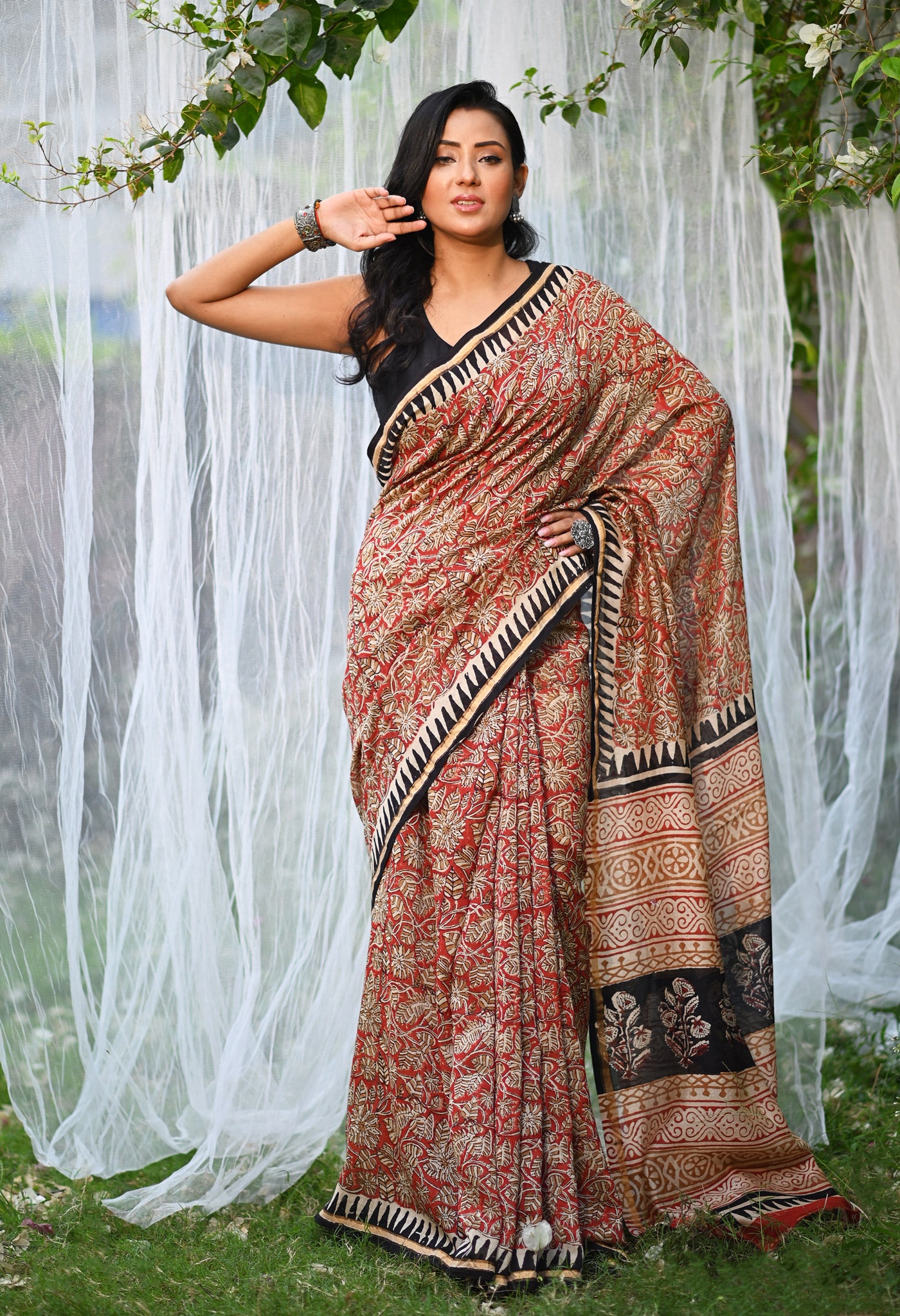 Red Pure Bagru Kalamkari Printed Chanderi Sico Saree-UNM77483