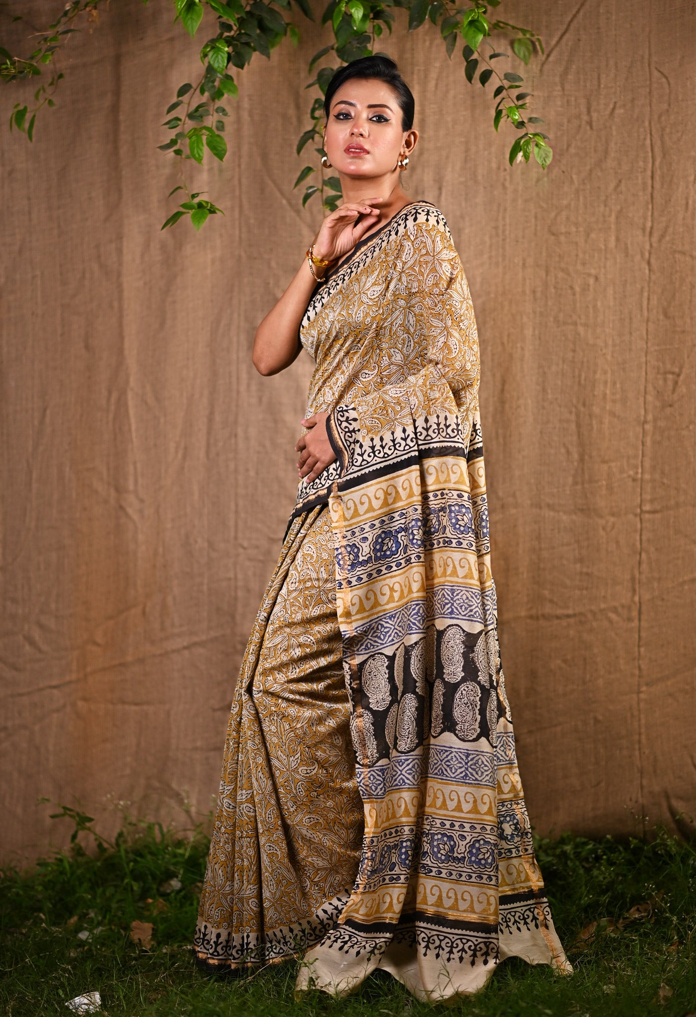 Yellow Pure Bagru Kalamkari Printed Chanderi Sico Saree-UNM77484