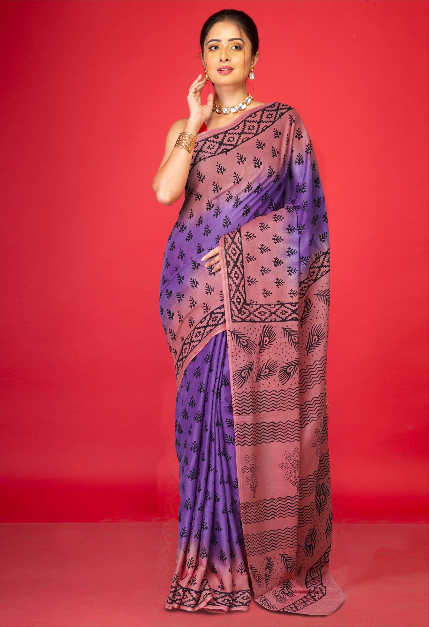 Purple Pure Dyed Hand Block Printed Soft Cotton Saree-UNM77502