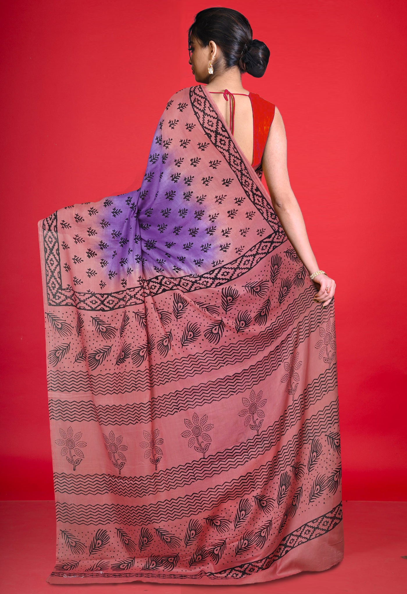 Purple Pure Dyed Hand Block Printed Soft Cotton Saree-UNM77502